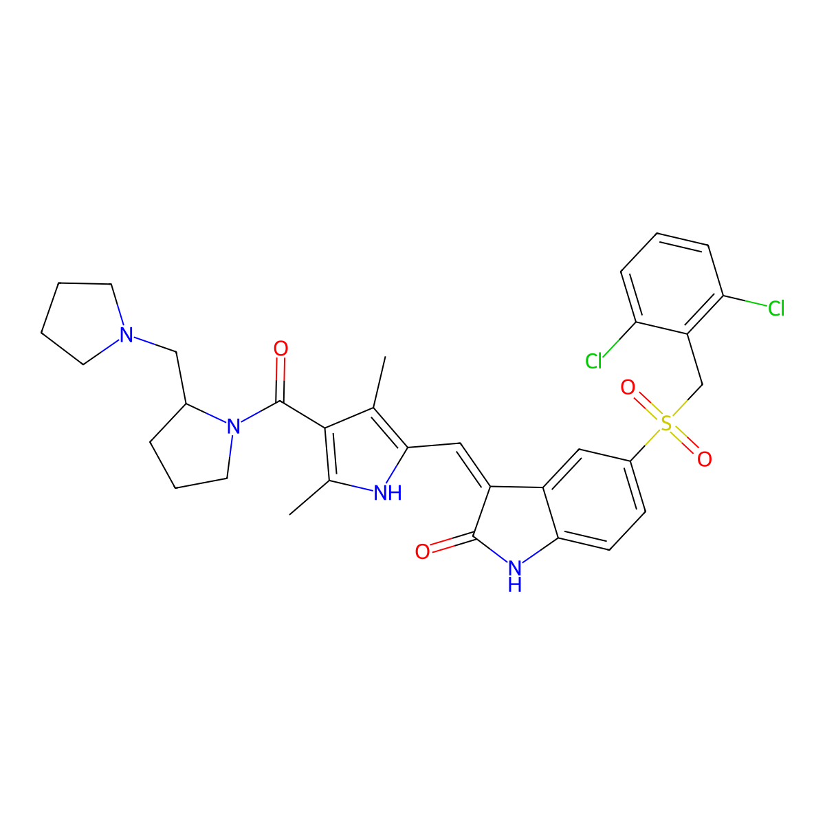(3Z)-5-(((2,6-Dichlorophenyl)methyl)sulfonyl)-3-((3,5-dimethyl-4-(((2R)-2-(1-pyrrolidinylmethyl)-1-pyrrolidinyl)carbonyl)-1H-pyrrol-2-yl)methylene)-1,3-dihydro-2H-indol-2-one molecular structure, CAS 477575-56-7