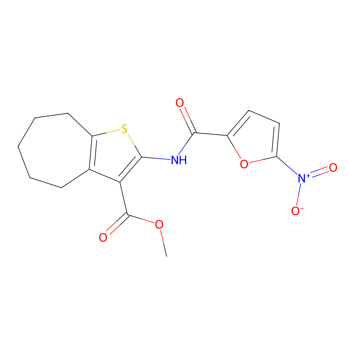 methyl 2-(5-nitrofuran-2-carboxamido)-5,6,7,8-tetrahydro-4H-cyclohepta[b]thiophene-3-carboxylate molecular structure, CAS 477579-03-6