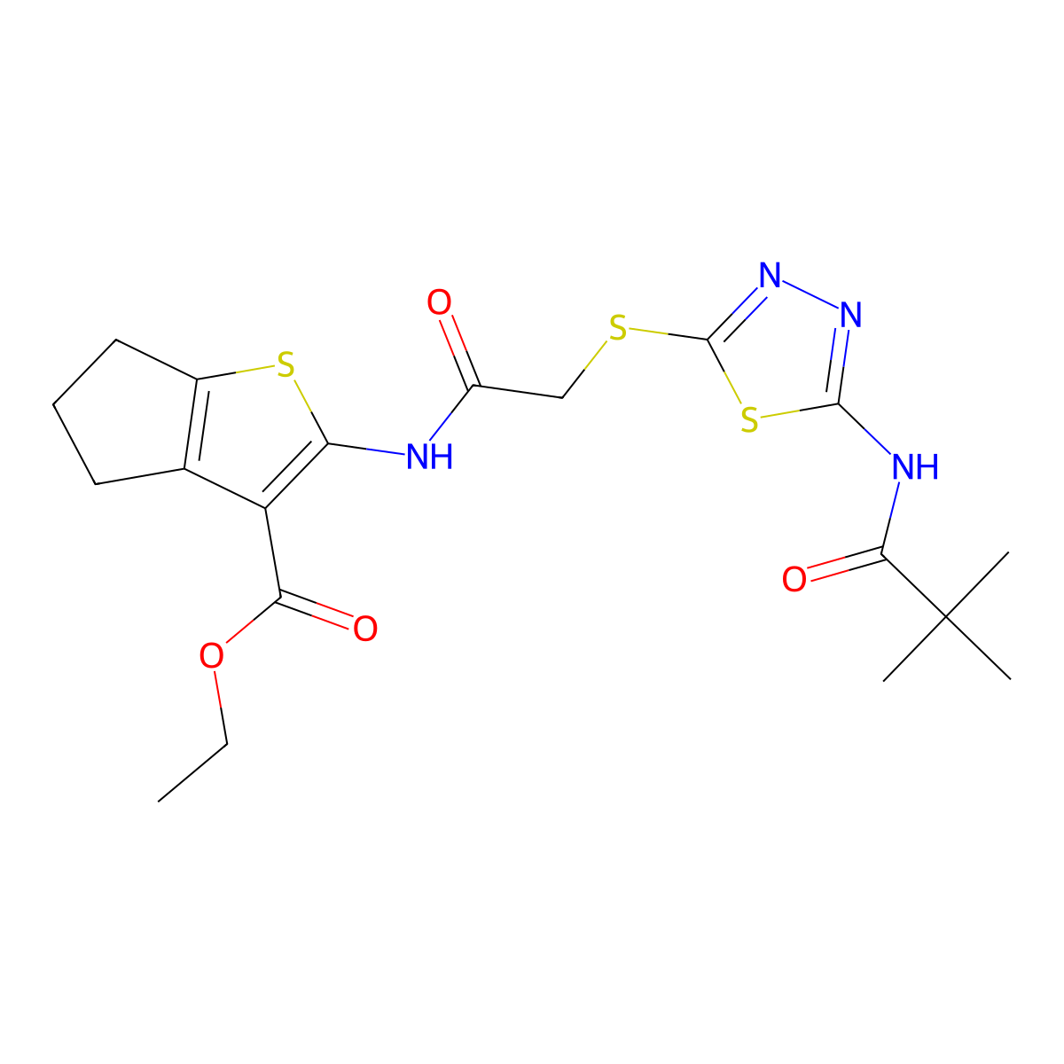 ethyl 2-(2-((5-pivalamido-1,3,4-thiadiazol-2-yl)thio)acetamido)-5,6-dihydro-4H-cyclopenta[b]thiophene-3-carboxylate molecular structure, CAS 477579-45-6