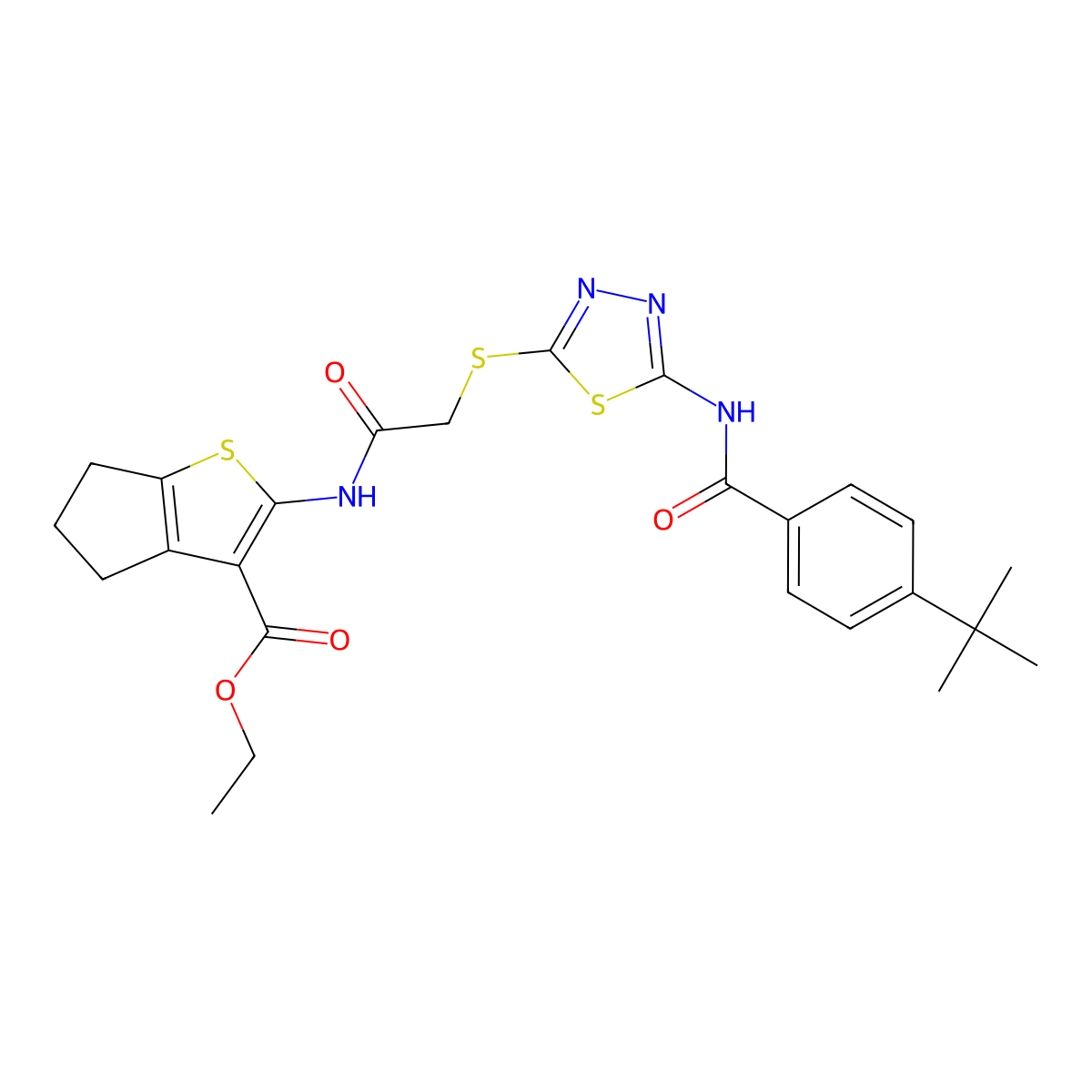 ethyl 2-(2-((5-(4-(tert-butyl)benzamido)-1,3,4-thiadiazol-2-yl)thio)acetamido)-5,6-dihydro-4H-cyclopenta[b]thiophene-3-carboxylate molecular structure, CAS 477579-78-5