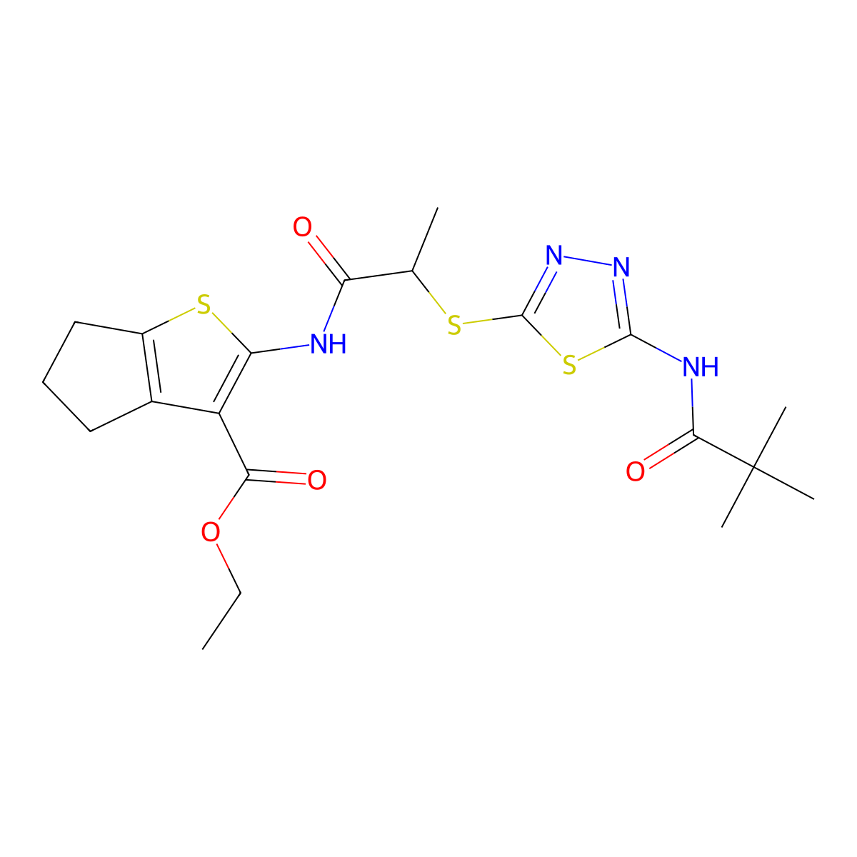 ethyl 2-(2-((5-pivalamido-1,3,4-thiadiazol-2-yl)thio)propanamido)-5,6-dihydro-4H-cyclopenta[b]thiophene-3-carboxylate molecular structure, CAS 477579-90-1