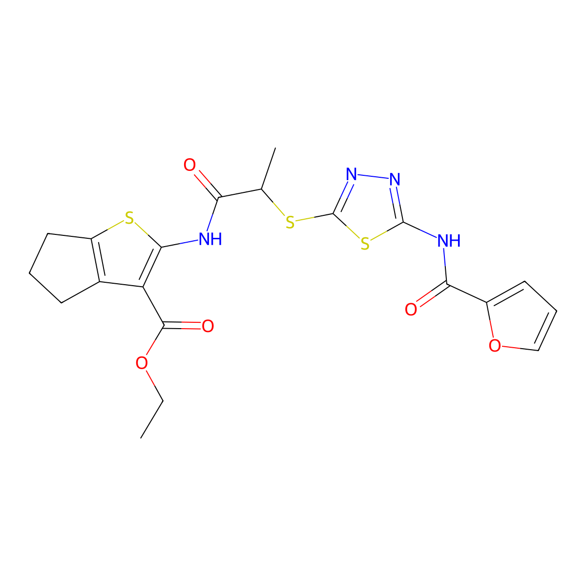 ethyl 2-(2-((5-(furan-2-carboxamido)-1,3,4-thiadiazol-2-yl)thio)propanamido)-5,6-dihydro-4H-cyclopenta[b]thiophene-3-carboxylate molecular structure, CAS 477580-24-8