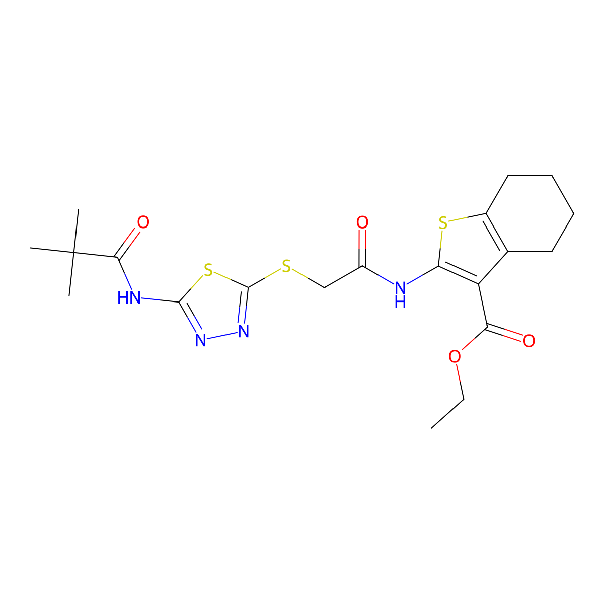 Ethyl 2-(2-((5-pivalamido-1,3,4-thiadiazol-2-yl)thio)acetamido)-4,5,6,7-tetrahydrobenzo[b]thiophene-3-carboxylate molecular structure, CAS 477580-35-1