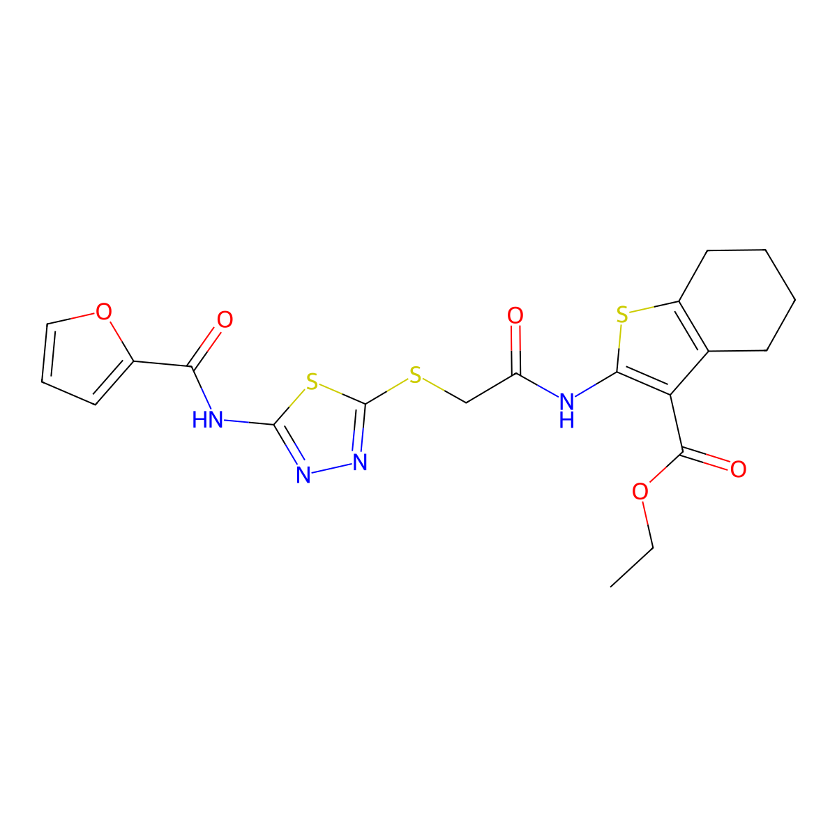 Ethyl 2-(2-((5-(furan-2-carboxamido)-1,3,4-thiadiazol-2-yl)thio)acetamido)-4,5,6,7-tetrahydrobenzo[b]thiophene-3-carboxylate molecular structure, CAS 477580-69-1
