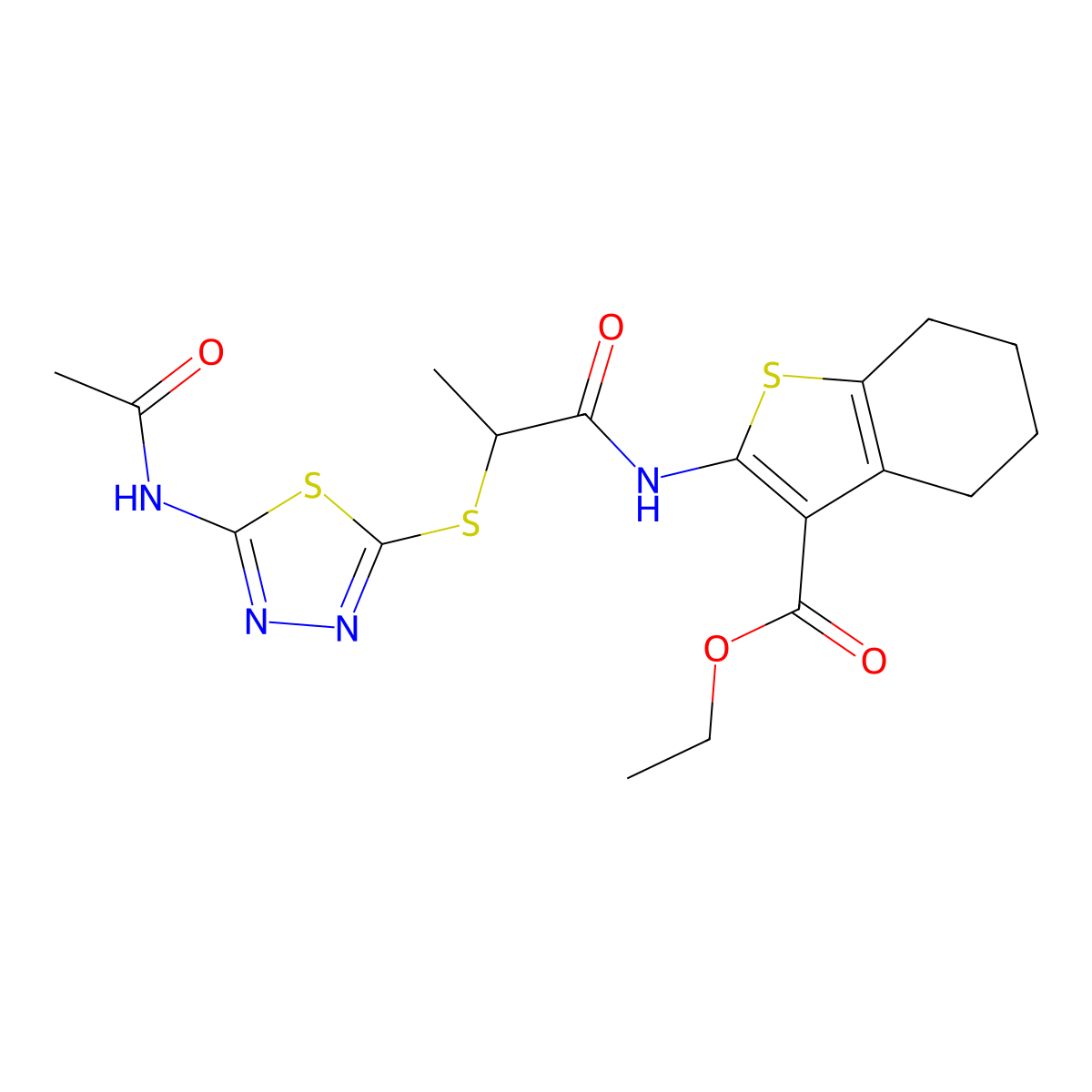 Ethyl 2-(2-((5-acetamido-1,3,4-thiadiazol-2-yl)thio)propanamido)-4,5,6,7-tetrahydrobenzo[b]thiophene-3-carboxylate molecular structure, CAS 477580-76-0