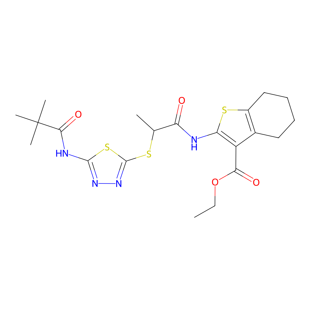 Ethyl 2-(2-((5-pivalamido-1,3,4-thiadiazol-2-yl)thio)propanamido)-4,5,6,7-tetrahydrobenzo[b]thiophene-3-carboxylate molecular structure, CAS 477580-80-6
