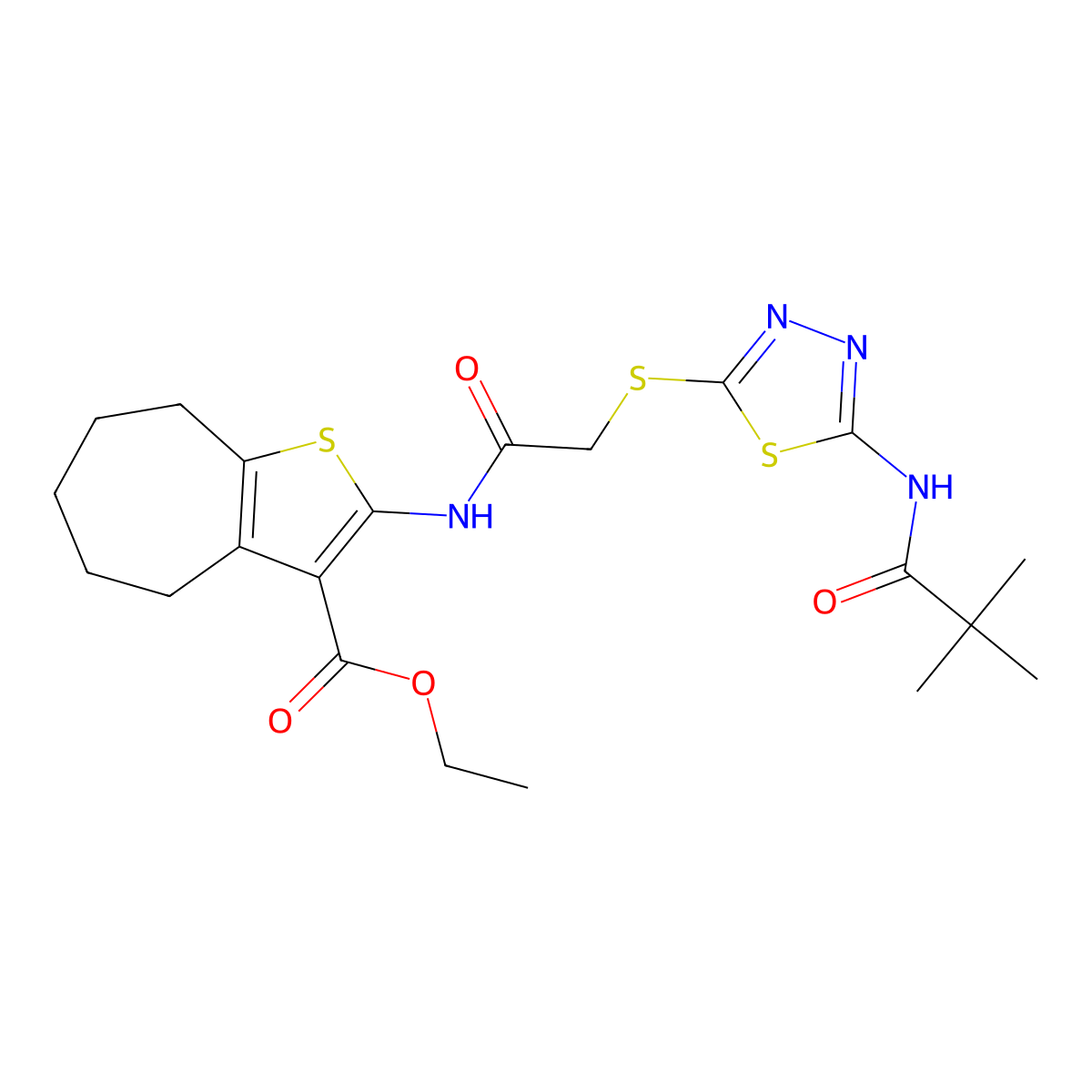 ethyl 2-(2-((5-pivalamido-1,3,4-thiadiazol-2-yl)thio)acetamido)-5,6,7,8-tetrahydro-4H-cyclohepta[b]thiophene-3-carboxylate molecular structure, CAS 477594-73-3