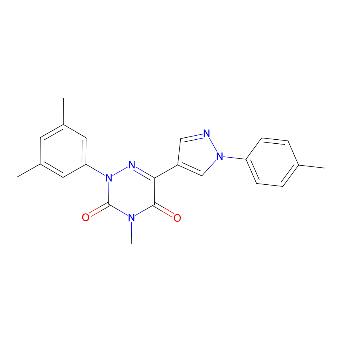 2-(3,5-Dimethylphenyl)-4-methyl-6-[1-(4-methylphenyl)pyrazol-4-yl]-1,2,4-triazine-3,5-dione molecular structure, CAS 477708-77-3