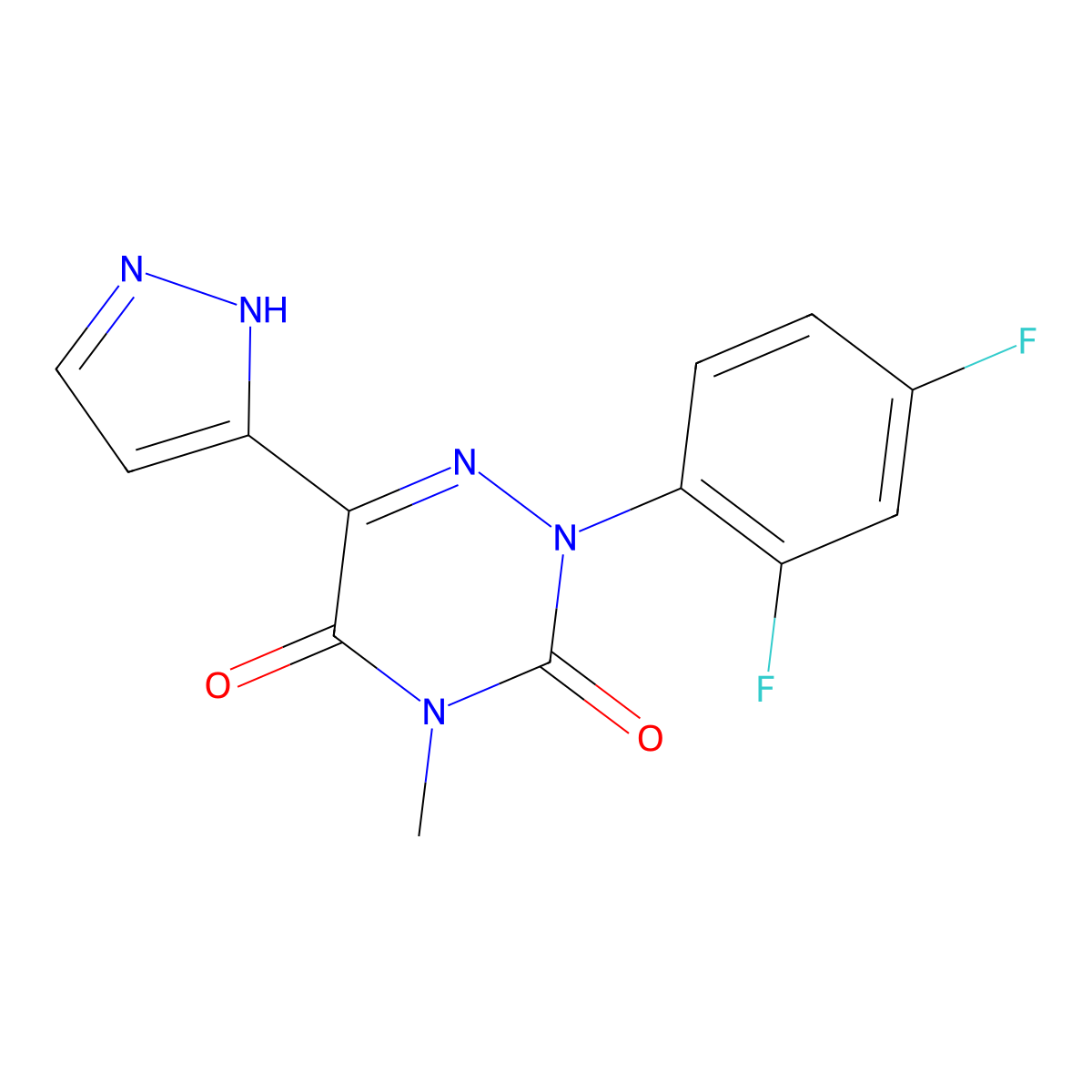 2-(2,4-difluorophenyl)-4-methyl-6-(1H-pyrazol-5-yl)-1,2,4-triazine-3,5(2H,4H)-dione molecular structure, CAS 477709-03-8