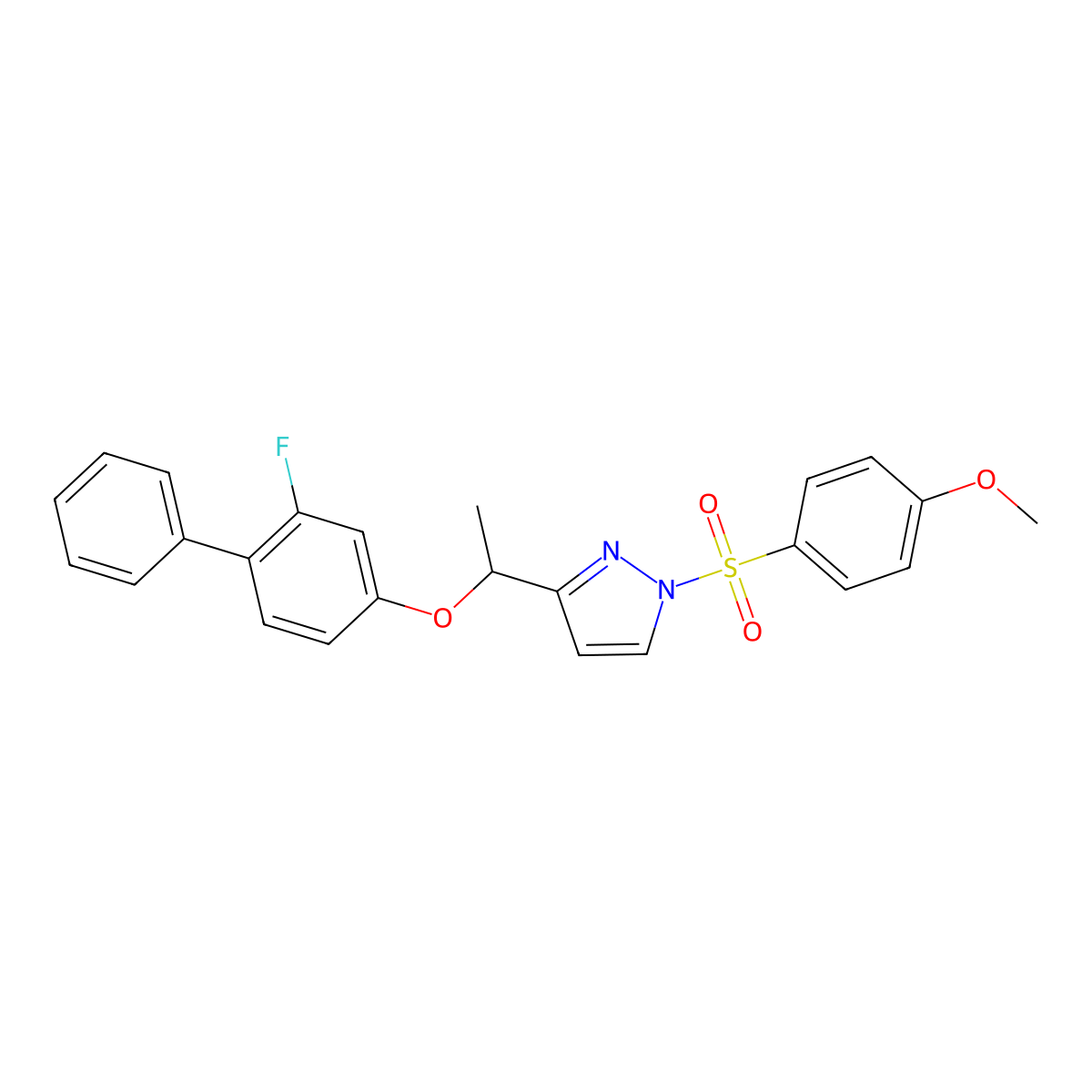 3-{1-[(2-fluoro[1,1'-biphenyl]-4-yl)oxy]ethyl}-1-[(4-methoxyphenyl)sulfonyl]-1H-pyrazole molecular structure, CAS 477709-12-9