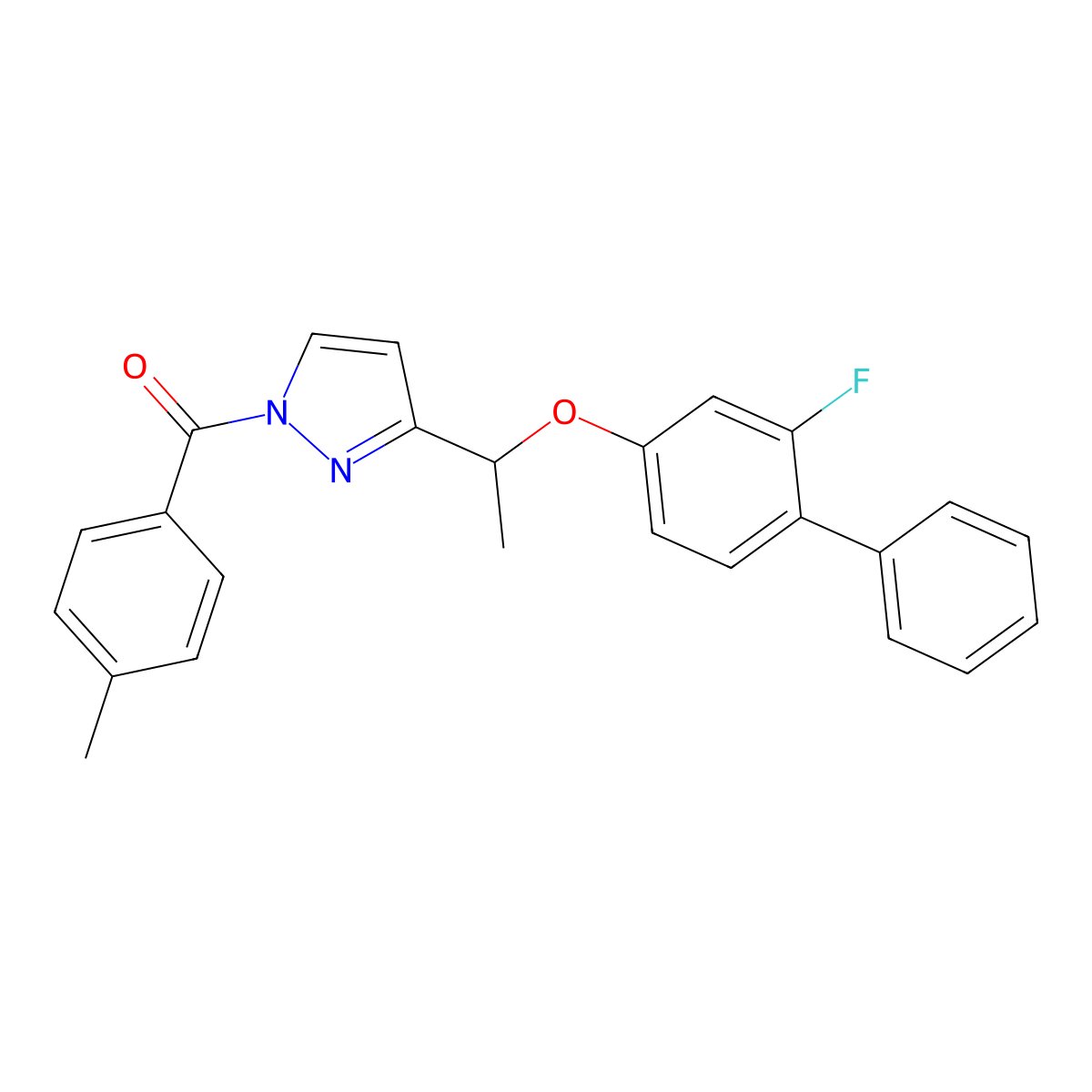 (3-{1-[(2-fluoro[1,1'-biphenyl]-4-yl)oxy]ethyl}-1H-pyrazol-1-yl)(4-methylphenyl)methanone molecular structure, CAS 477709-13-0