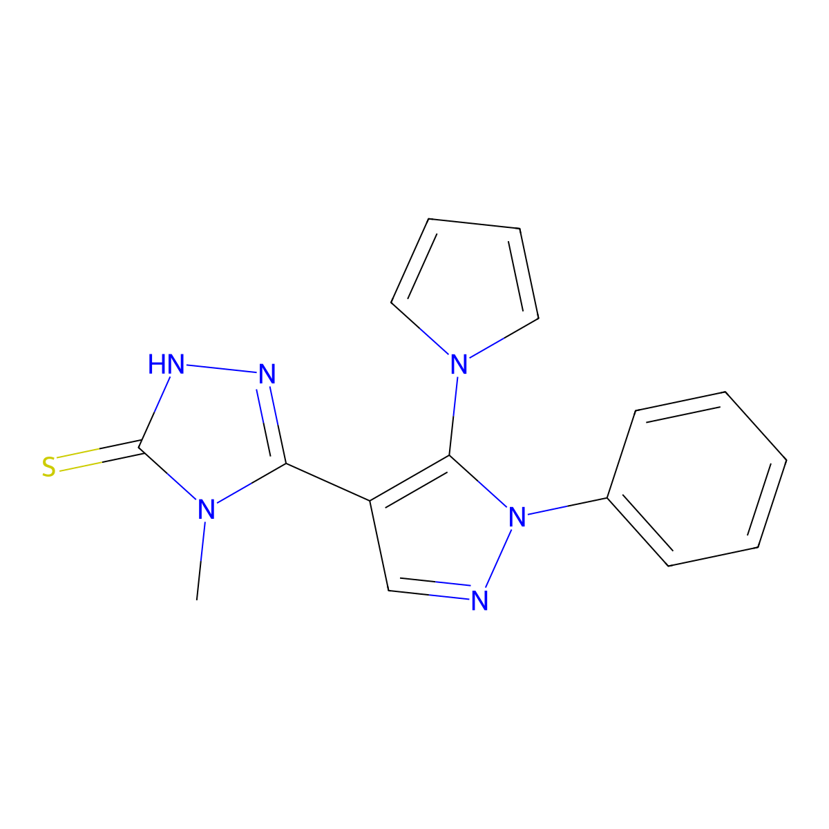 4-methyl-5-[1-phenyl-5-(1H-pyrrol-1-yl)-1H-pyrazol-4-yl]-4H-1,2,4-triazole-3-thiol molecular structure, CAS 477709-23-2