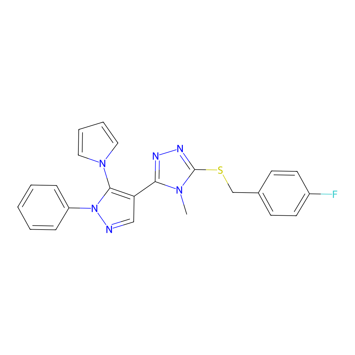 4-fluorobenzyl 4-methyl-5-[1-phenyl-5-(1H-pyrrol-1-yl)-1H-pyrazol-4-yl]-4H-1,2,4-triazol-3-yl sulfide molecular structure, CAS 477709-31-2