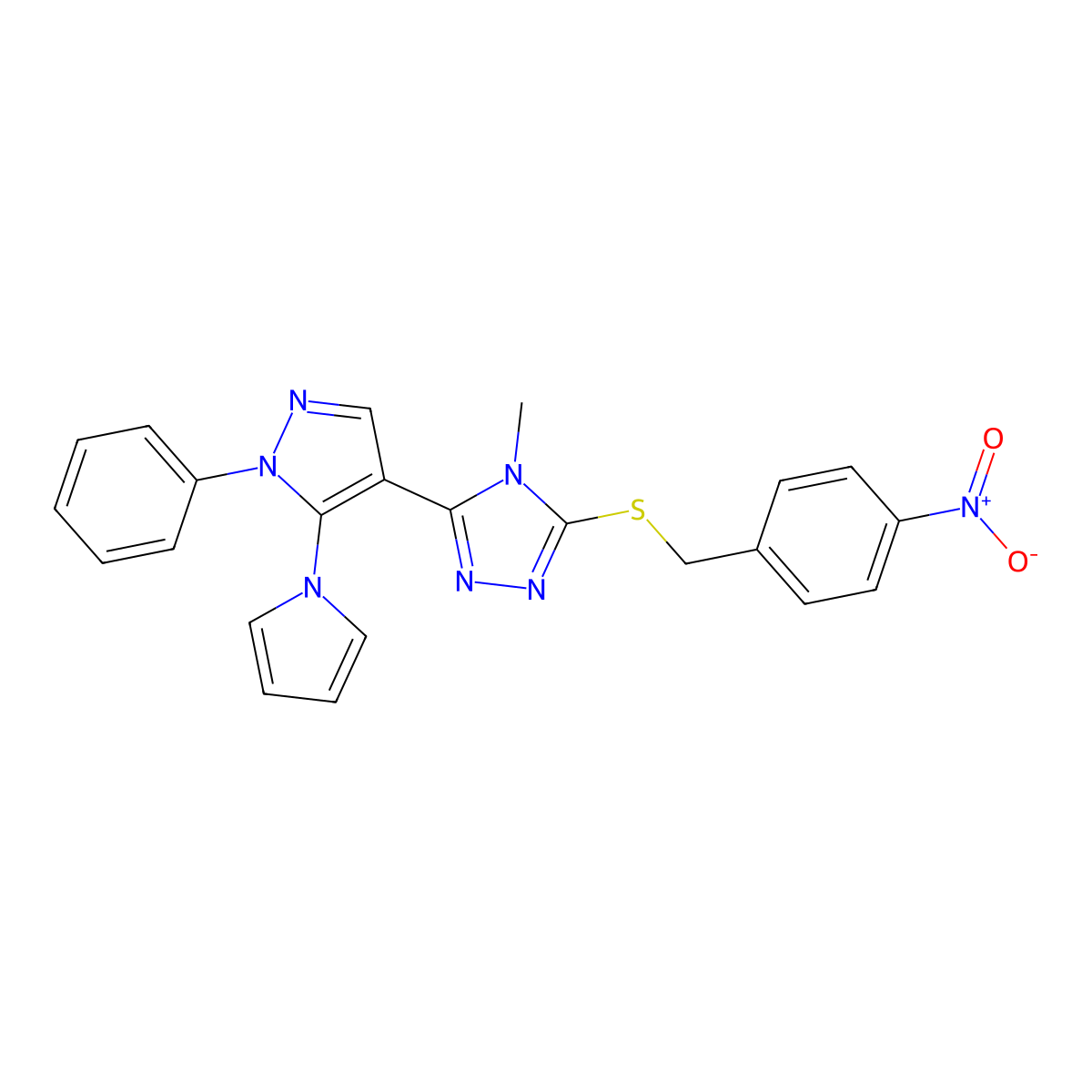 4-methyl-3-[(4-nitrobenzyl)sulfanyl]-5-[1-phenyl-5-(1H-pyrrol-1-yl)-1H-pyrazol-4-yl]-4H-1,2,4-triazole molecular structure, CAS 477709-32-3