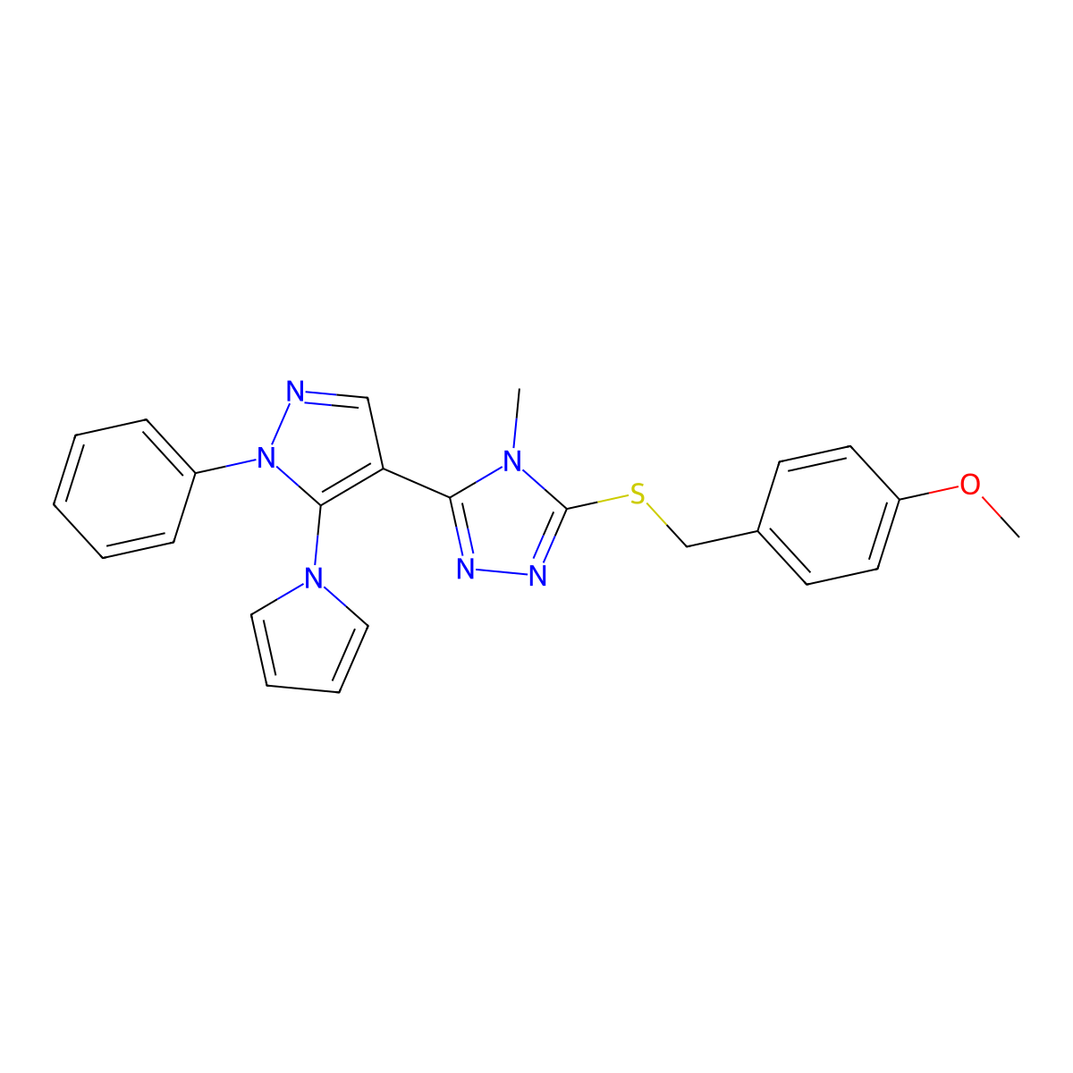 methyl 4-[({4-methyl-5-[1-phenyl-5-(1H-pyrrol-1-yl)-1H-pyrazol-4-yl]-4H-1,2,4-triazol-3-yl}sulfanyl)methyl]phenyl ether molecular structure, CAS 477709-34-5