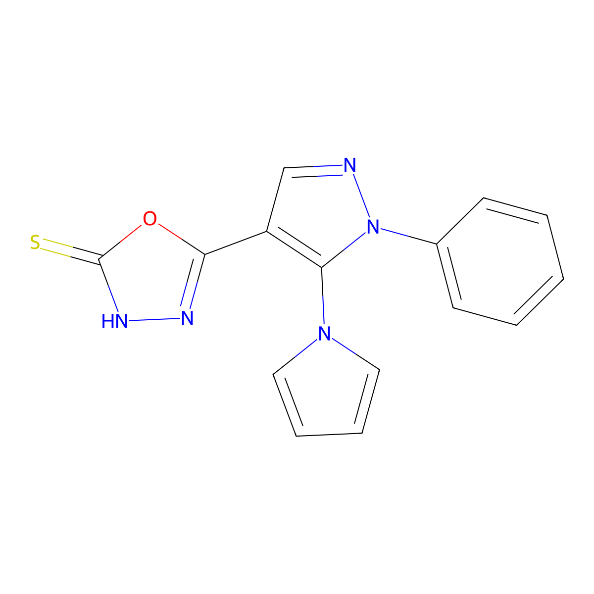 5-[1-phenyl-5-(1H-pyrrol-1-yl)-1H-pyrazol-4-yl]-1,3,4-oxadiazol-2-ylhydrosulfide molecular structure, CAS 477709-37-8