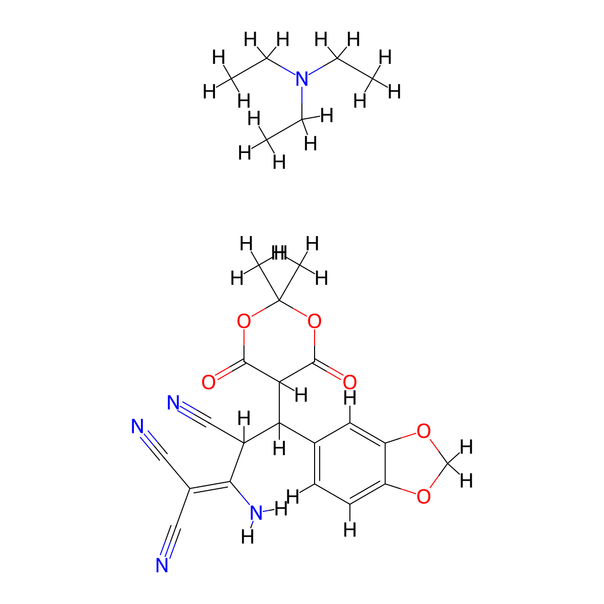 2-Amino-4-(1,3-benzodioxol-5-yl)-4-(2,2-dimethyl-4,6-dioxo-1,3-dioxan-5-yl)but-1-ene-1,1,3-tricarbonitrile;N,N-diethylethanamine molecular structure, CAS 477709-40-3