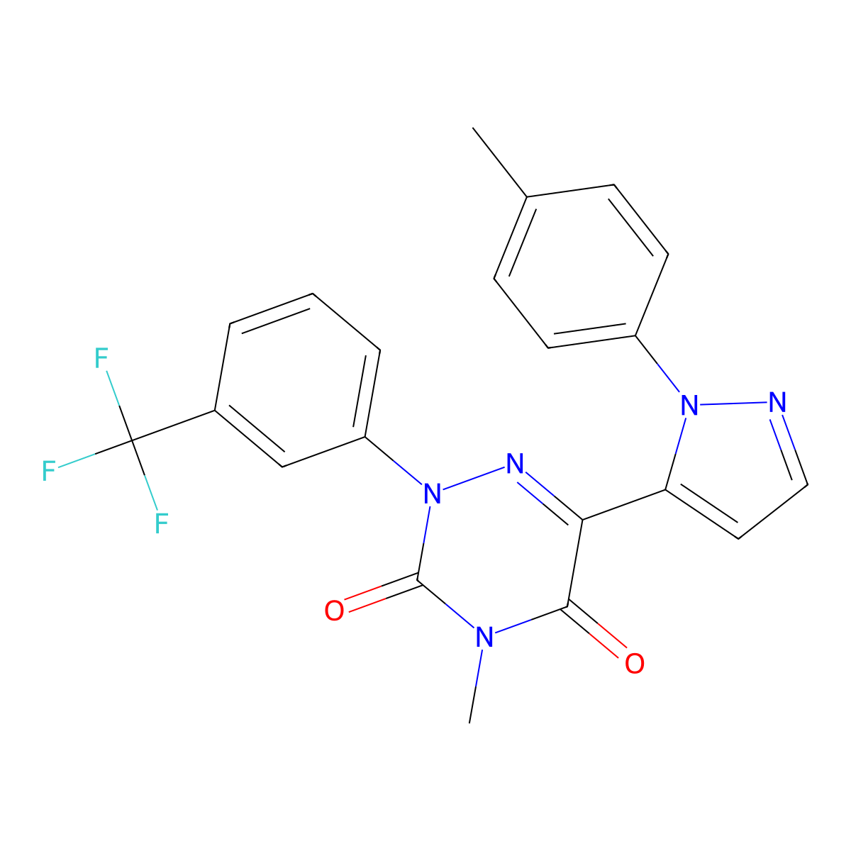 4-Methyl-6-[2-(4-methylphenyl)pyrazol-3-yl]-2-[3-(trifluoromethyl)phenyl]-1,2,4-triazine-3,5-dione molecular structure, CAS 477709-53-8
