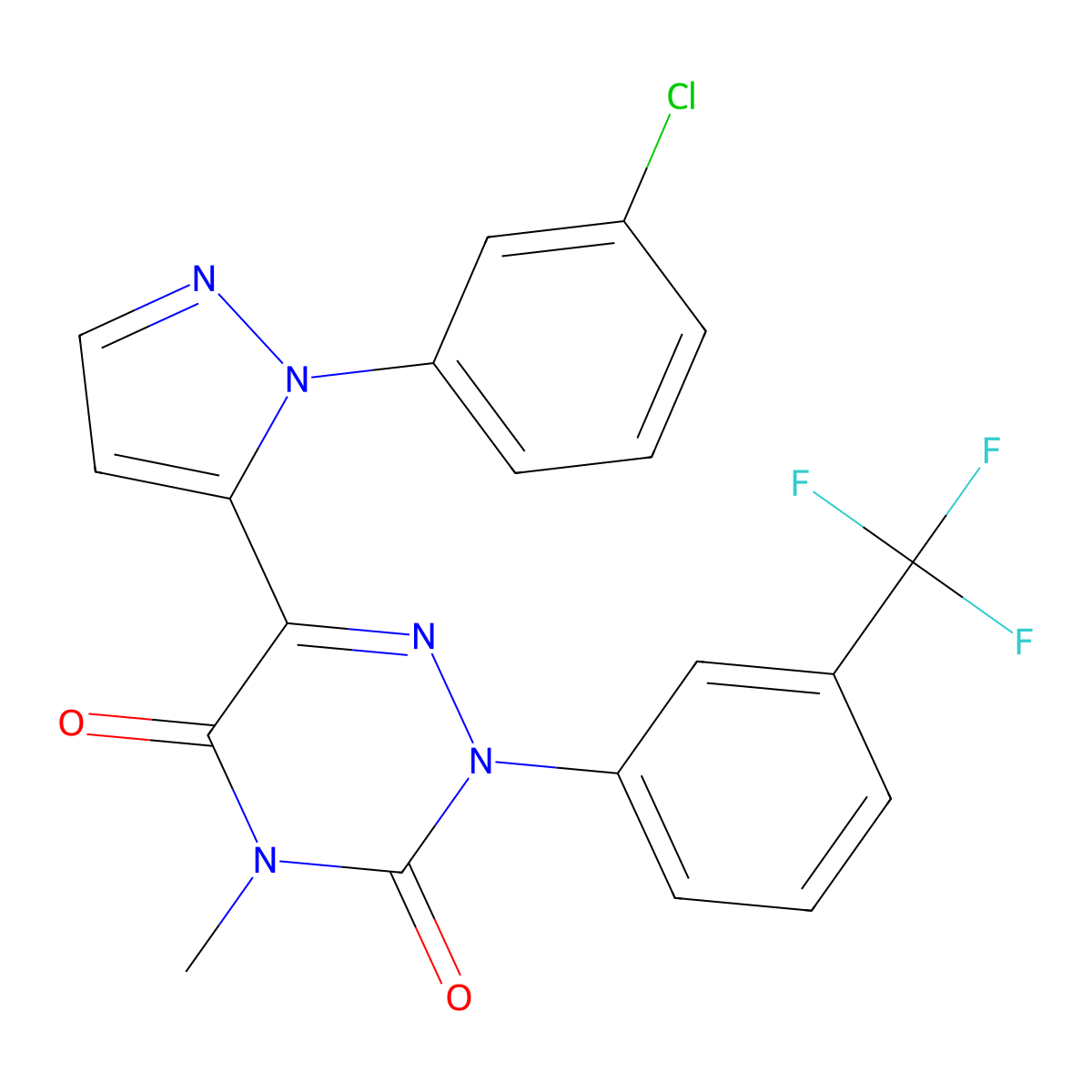 6-(1-(3-Chlorophenyl)-1h-pyrazol-5-yl)-4-methyl-2-(3-(trifluoromethyl)phenyl)-1,2,4-triazine-3,5(2H,4H)-dione molecular structure, CAS 477709-54-9