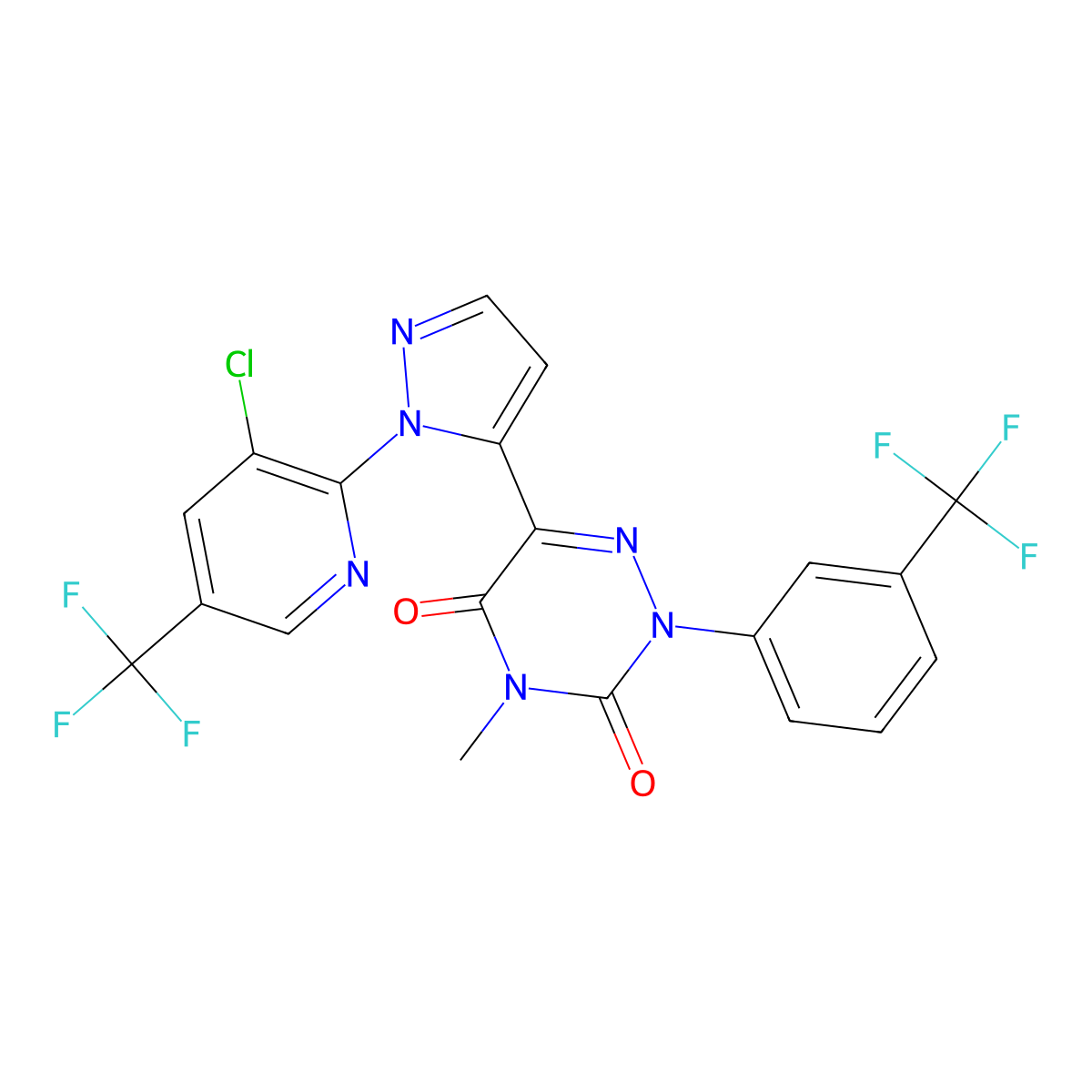 6-(1-(3-Chloro-5-(trifluoromethyl)-2-pyridinyl)-1H-pyrazol-5-yl)-4-methyl-2-(3-(trifluoromethyl)phenyl)-1,2,4-triazine-3,5(2H,4H)-dione molecular structure, CAS 477709-55-0