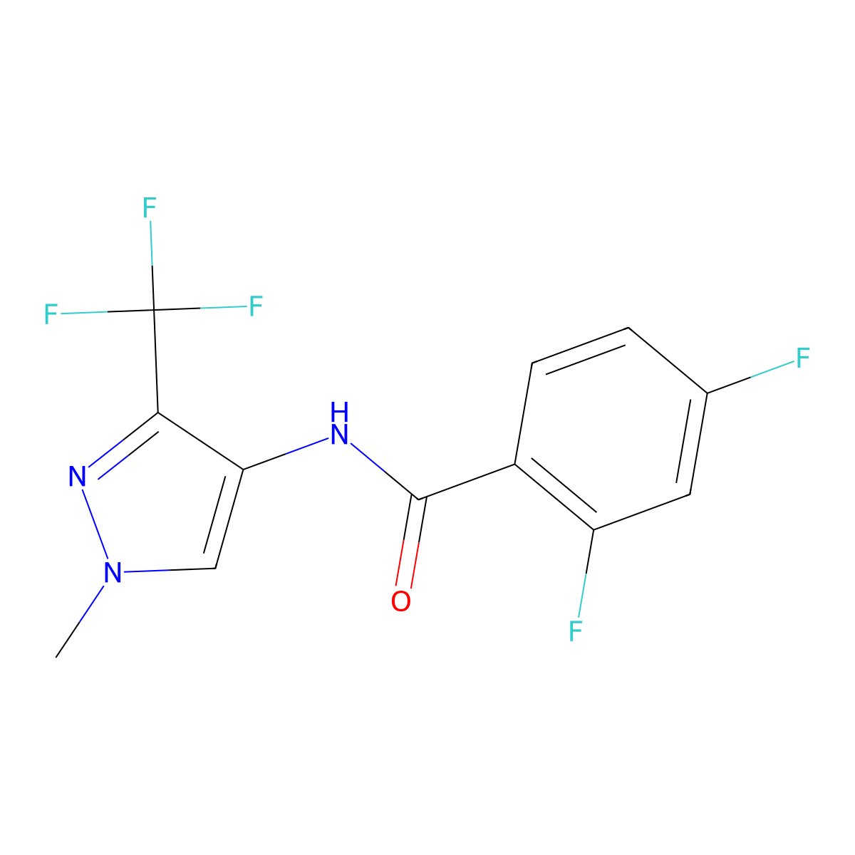 2,4-difluoro-N-[1-methyl-3-(trifluoromethyl)-1H-pyrazol-4-yl]benzenecarboxamide molecular structure, CAS 477709-59-4