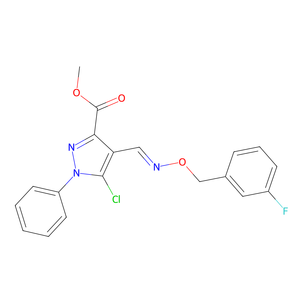 methyl 5-chloro-4-({[(3-fluorobenzyl)oxy]imino}methyl)-1-phenyl-1H-pyrazole-3-carboxylate molecular structure, CAS 477709-61-8