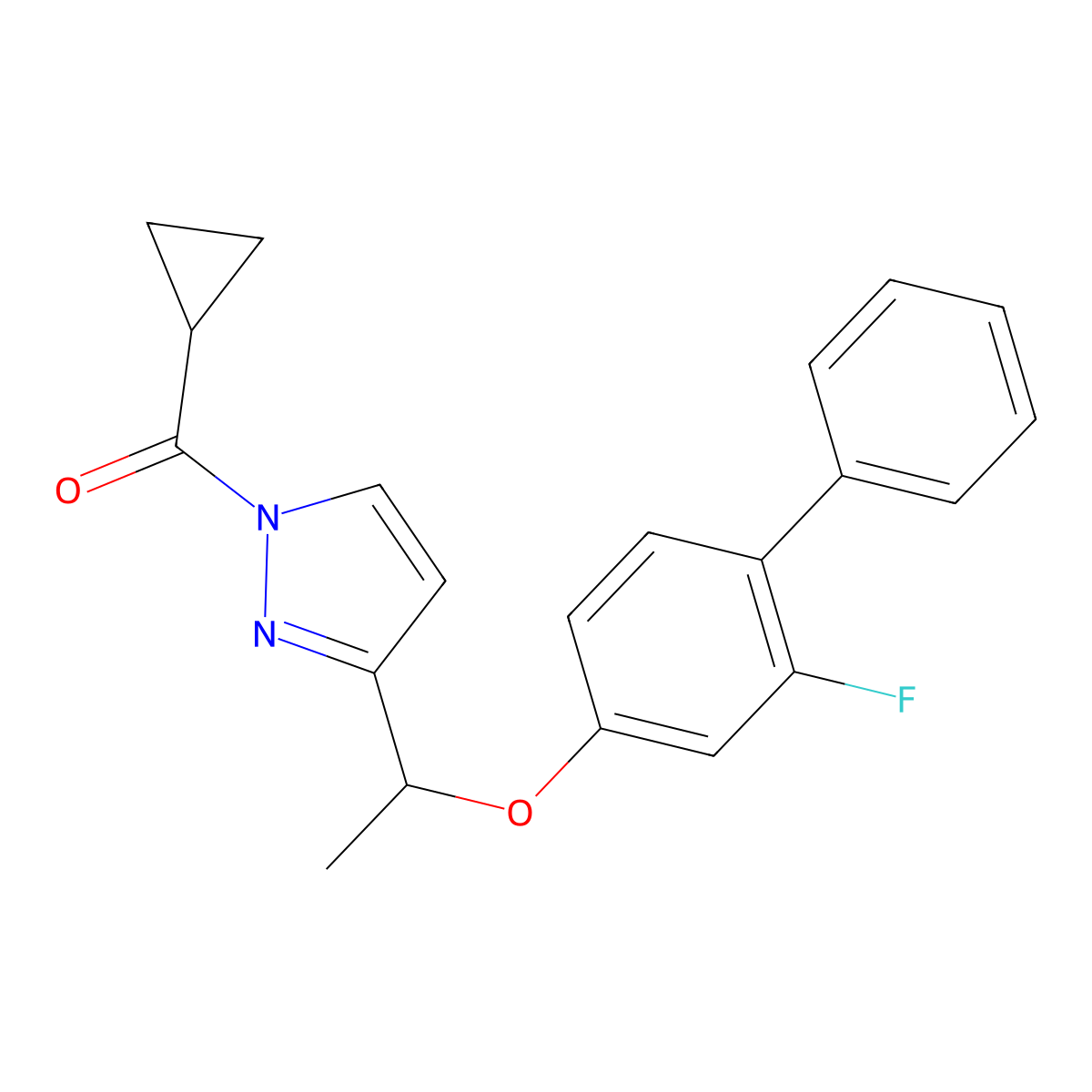 cyclopropyl(3-{1-[(2-fluoro[1,1'-biphenyl]-4-yl)oxy]ethyl}-1H-pyrazol-1-yl)methanone molecular structure, CAS 477709-65-2