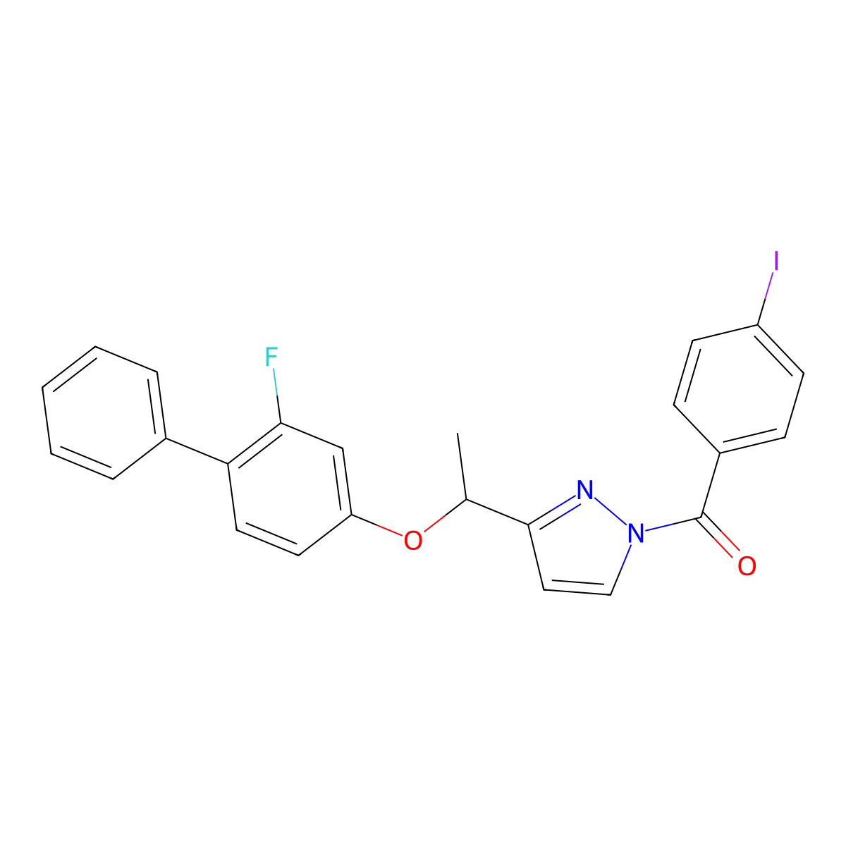 (3-{1-[(2-fluoro[1,1'-biphenyl]-4-yl)oxy]ethyl}-1H-pyrazol-1-yl)(4-iodophenyl)methanone molecular structure, CAS 477709-69-6