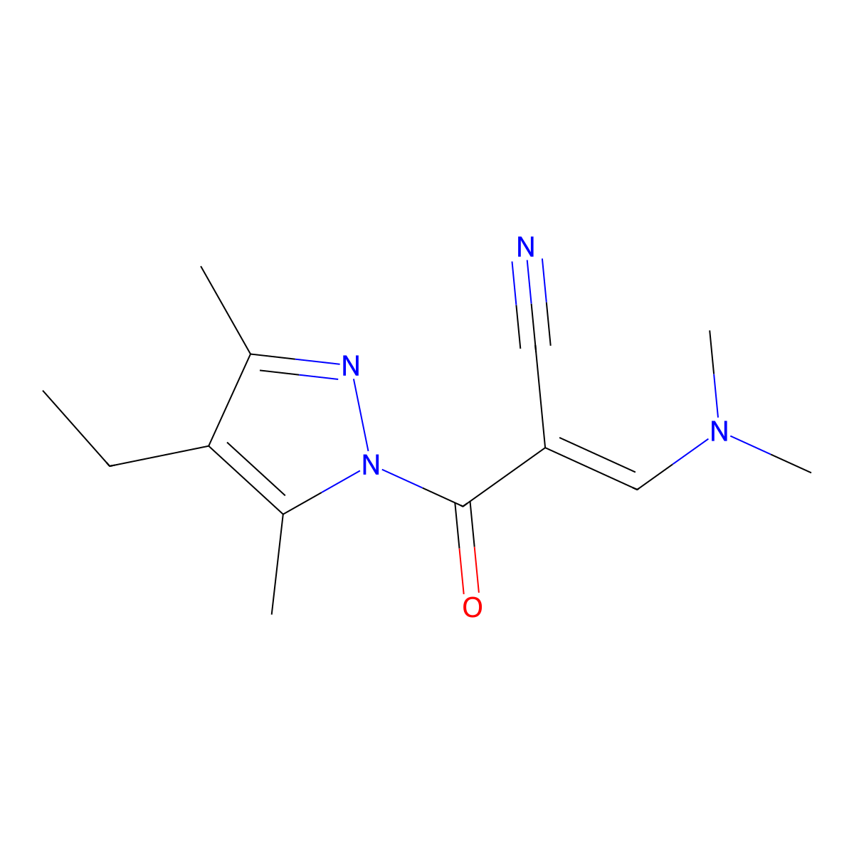 3-(Dimethylamino)-2-(4-ethyl-3,5-dimethylpyrazole-1-carbonyl)prop-2-enenitrile molecular structure, CAS 477709-75-4
