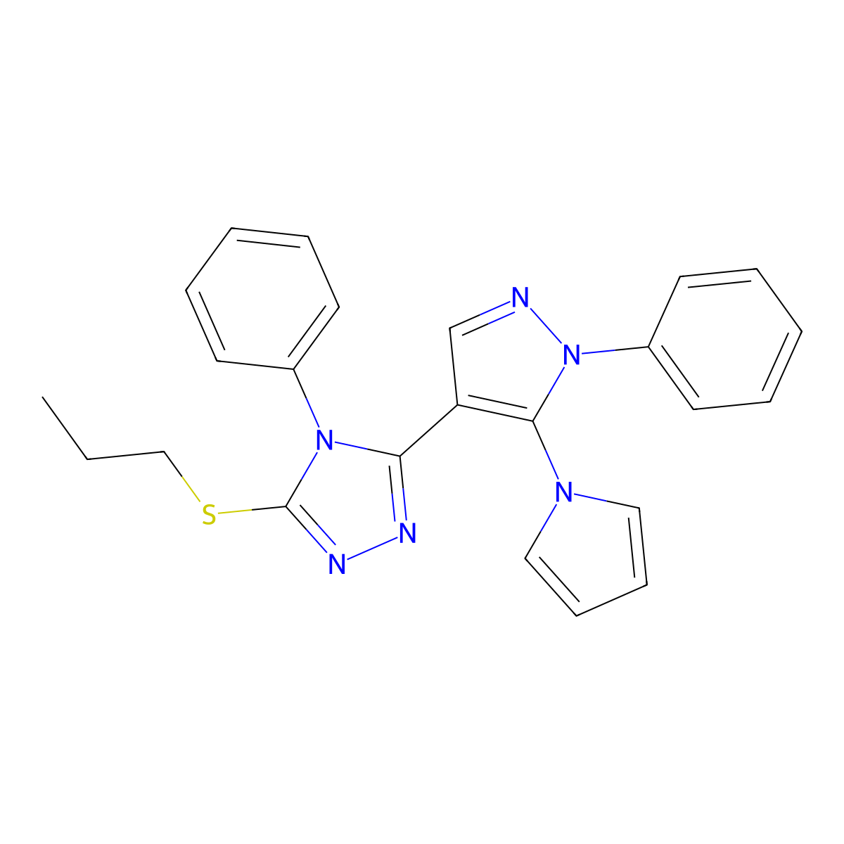 4-phenyl-3-[1-phenyl-5-(1H-pyrrol-1-yl)-1H-pyrazol-4-yl]-5-(propylsulfanyl)-4H-1,2,4-triazole molecular structure, CAS 477709-77-6