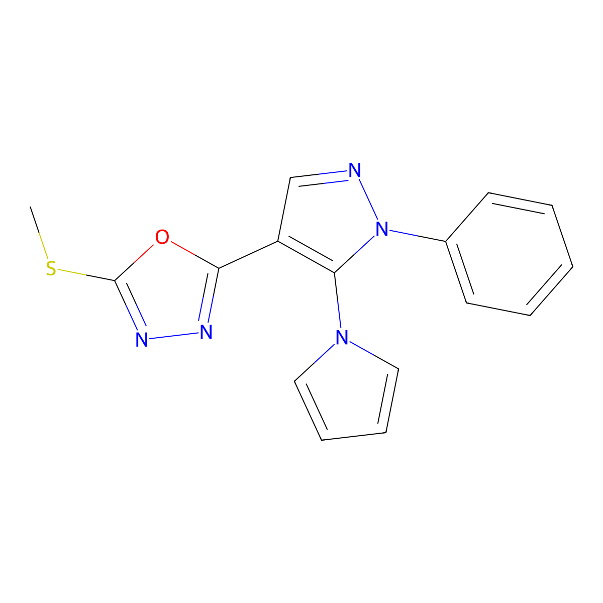 2-(methylsulfanyl)-5-[1-phenyl-5-(1H-pyrrol-1-yl)-1H-pyrazol-4-yl]-1,3,4-oxadiazole molecular structure, CAS 477709-79-8