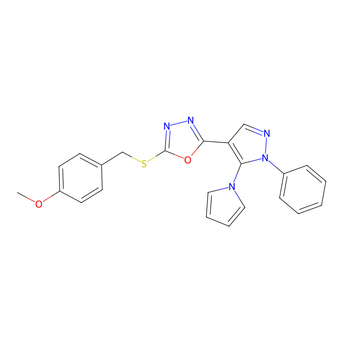 methyl 4-[({5-[1-phenyl-5-(1H-pyrrol-1-yl)-1H-pyrazol-4-yl]-1,3,4-oxadiazol-2-yl}sulfanyl)methyl]phenyl ether molecular structure, CAS 477709-80-1