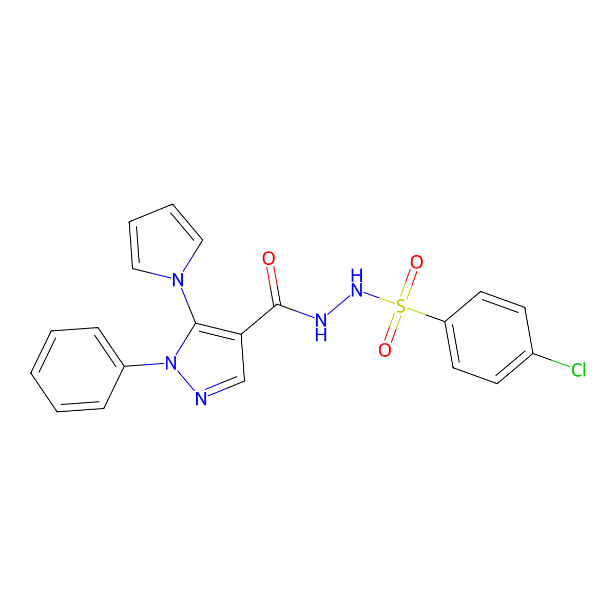 4-chloro-N'-{[1-phenyl-5-(1H-pyrrol-1-yl)-1H-pyrazol-4-yl]carbonyl}benzenesulfonohydrazide molecular structure, CAS 477709-82-3