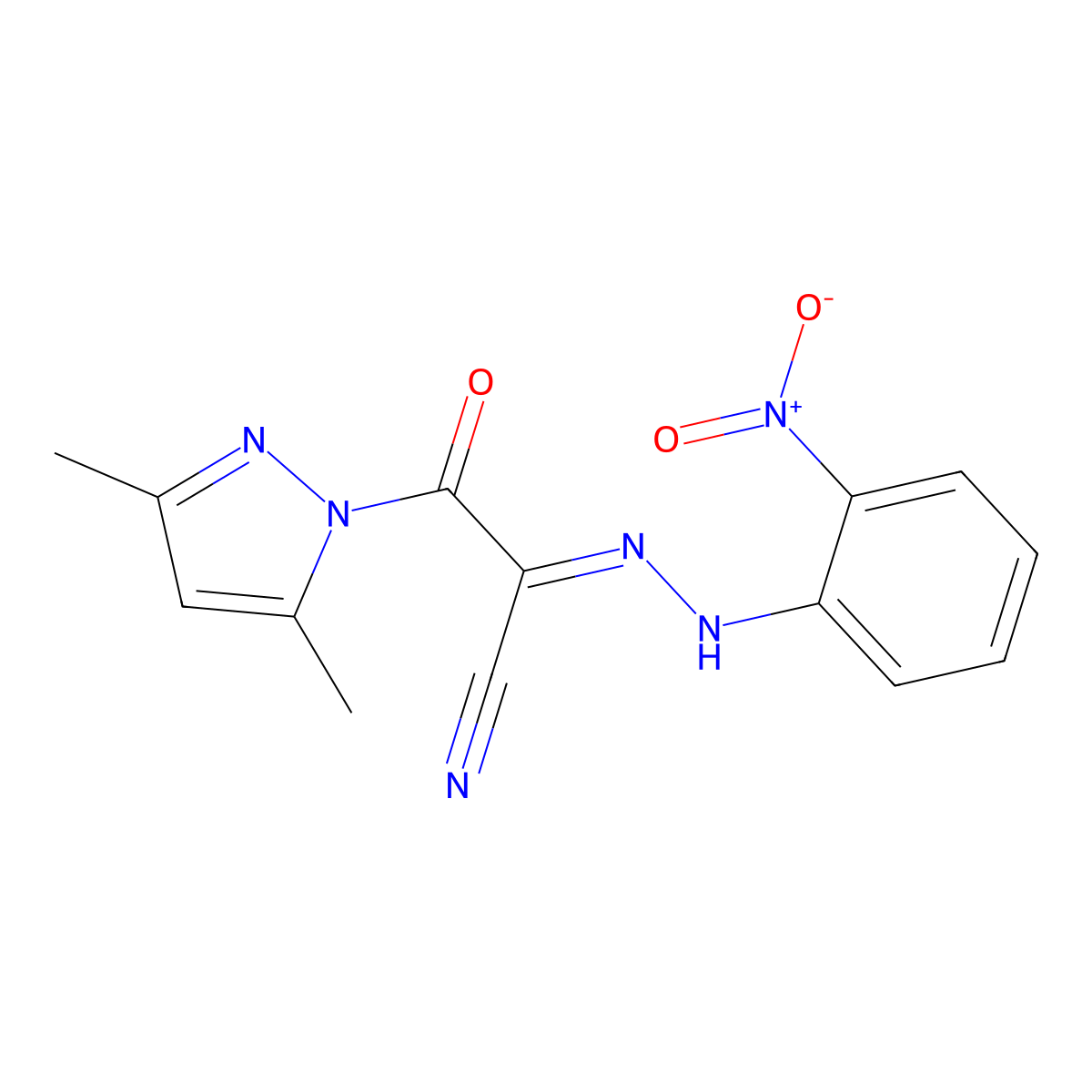 (1E)-2-(3,5-dimethylpyrazol-1-yl)-N-(2-nitroanilino)-2-oxoethanimidoyl cyanide molecular structure, CAS 477710-12-6