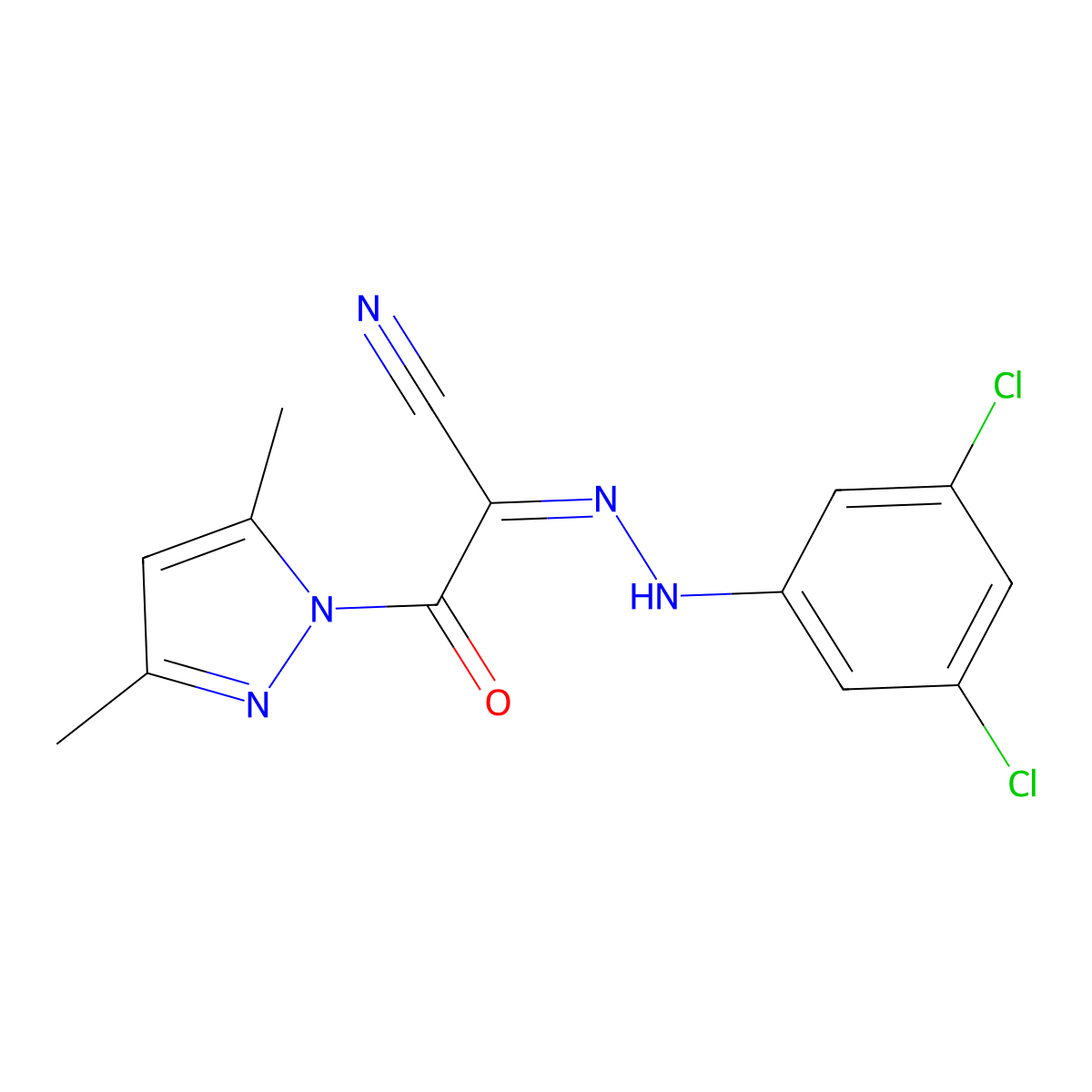2-[(E)-2-(3,5-dichlorophenyl)hydrazono]-3-(3,5-dimethyl-1H-pyrazol-1-yl)-3-oxopropanenitrile molecular structure, CAS 477710-13-7