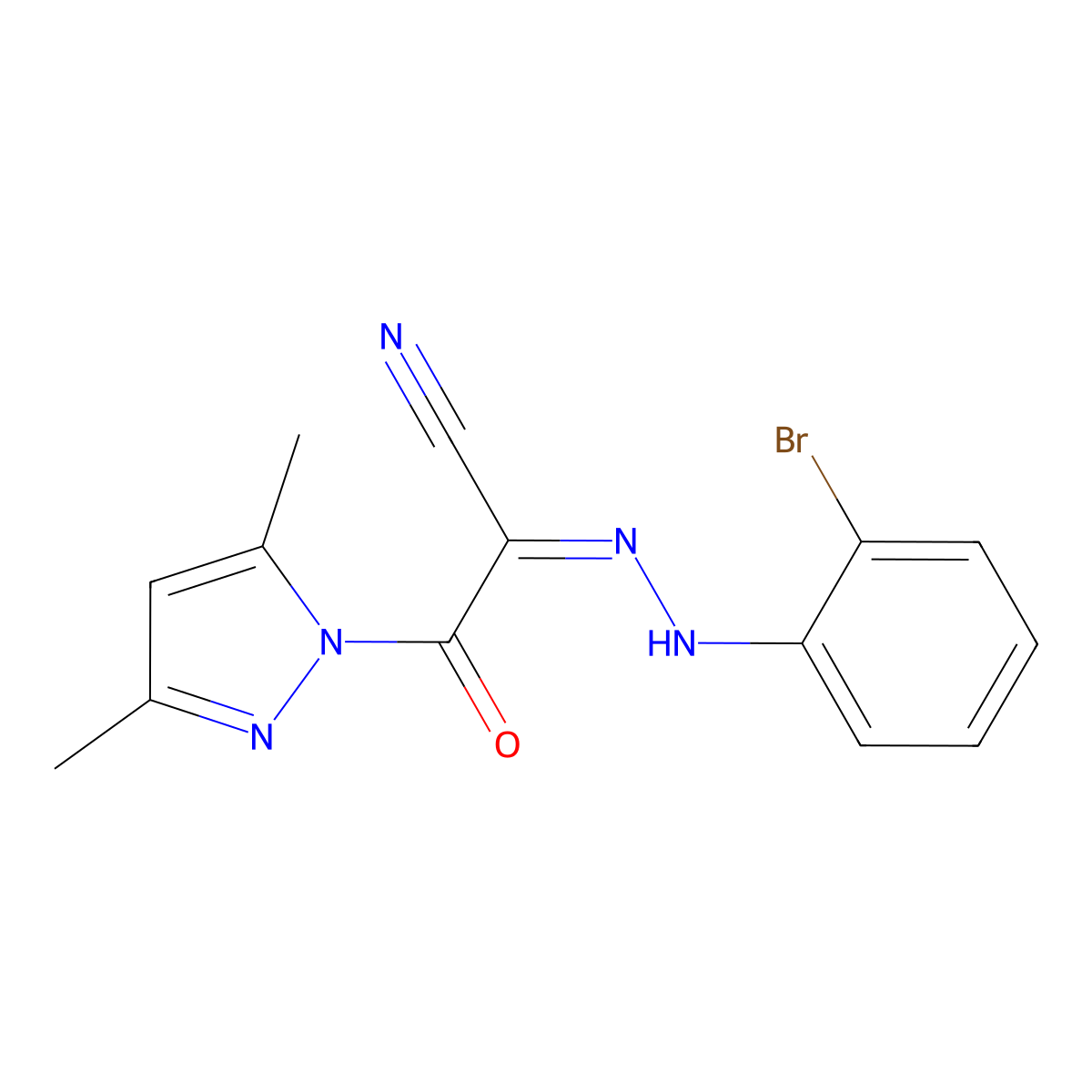 (1E)-N-(2-bromoanilino)-2-(3,5-dimethylpyrazol-1-yl)-2-oxoethanimidoyl cyanide molecular structure, CAS 477710-17-1