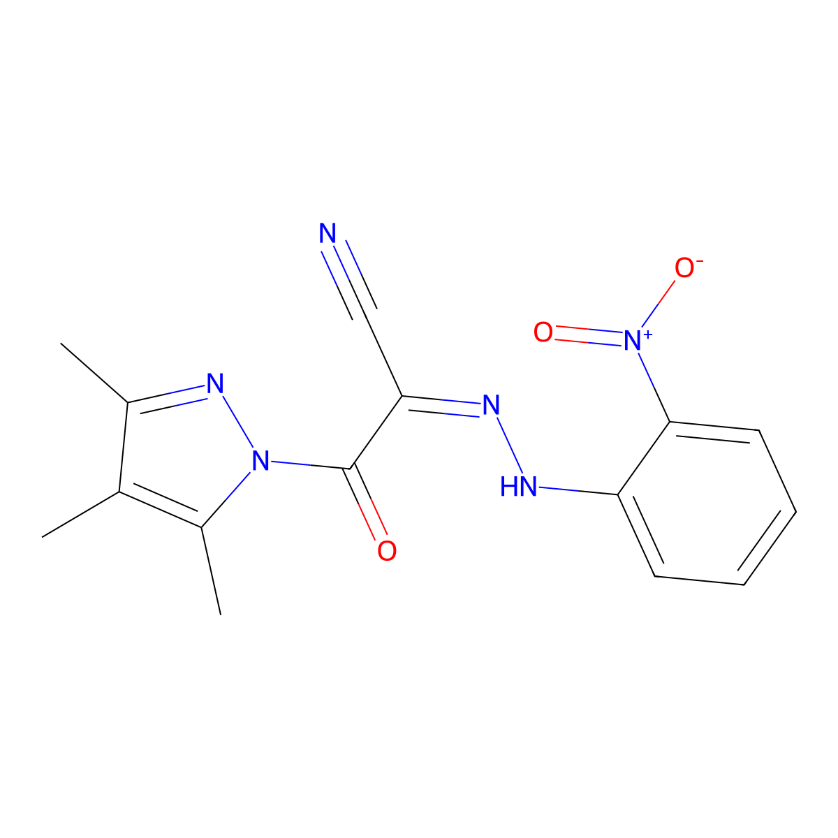 2-[(E)-2-(2-nitrophenyl)hydrazono]-3-oxo-3-(3,4,5-trimethyl-1H-pyrazol-1-yl)propanenitrile molecular structure, CAS 477710-19-3