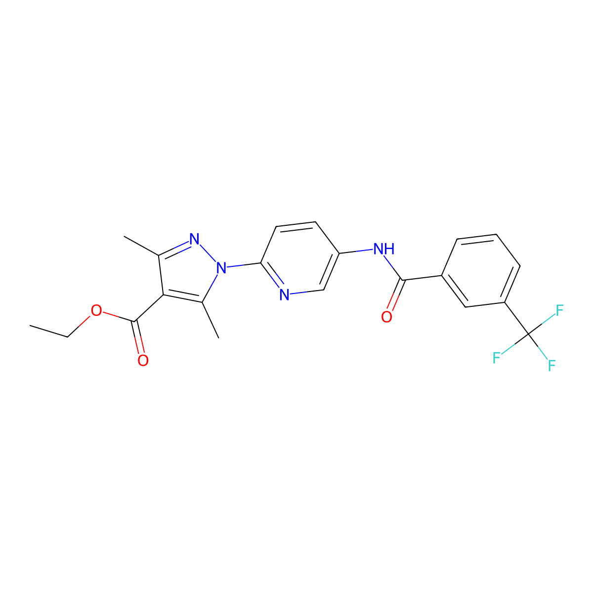 Ethyl 3,5-dimethyl-1-[5-[[3-(trifluoromethyl)benzoyl]amino]pyridin-2-yl]pyrazole-4-carboxylate molecular structure, CAS 477710-49-9