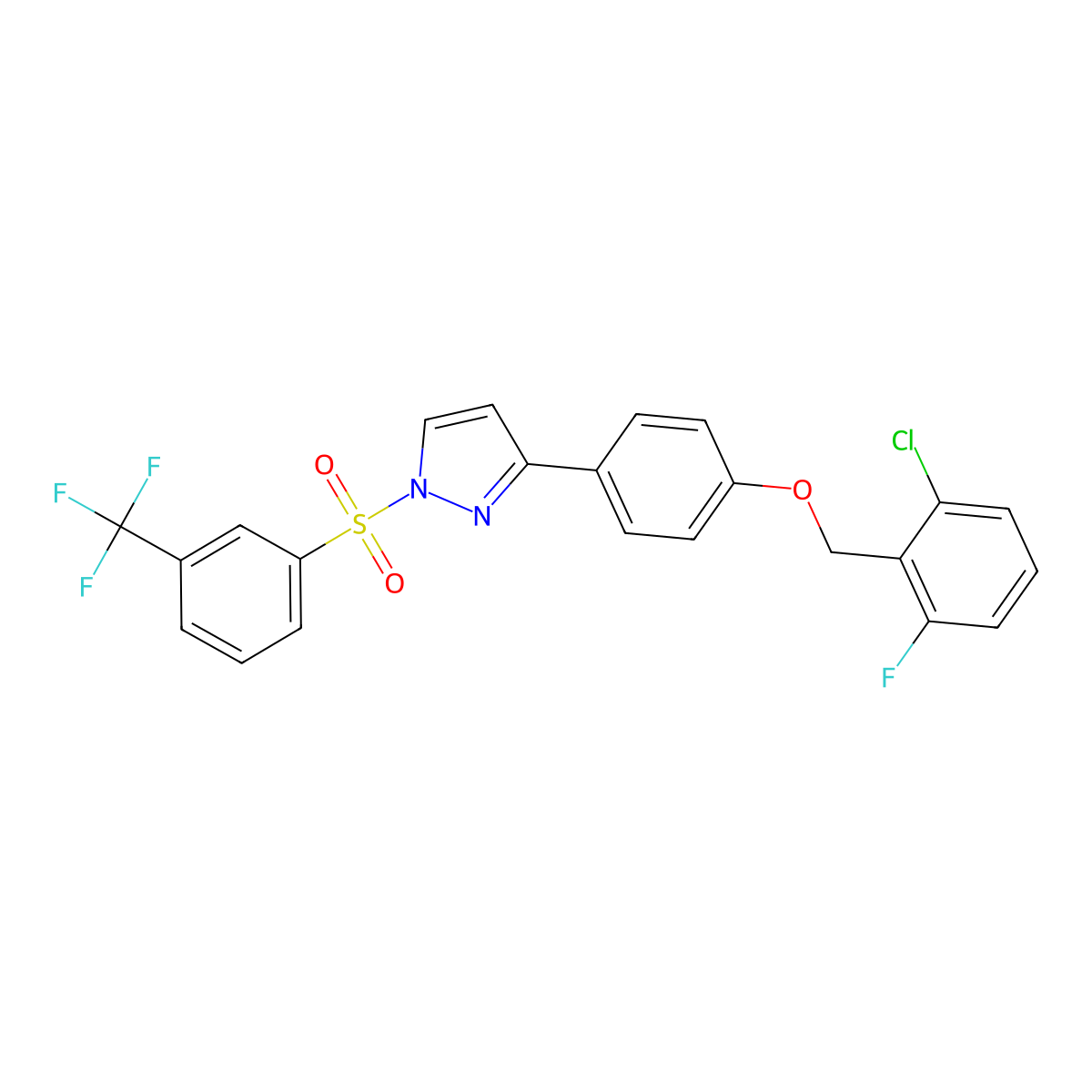 3-{4-[(2-chloro-6-fluorobenzyl)oxy]phenyl}-1-{[3-(trifluoromethyl)phenyl]sulfonyl}-1H-pyrazole molecular structure, CAS 477710-98-8