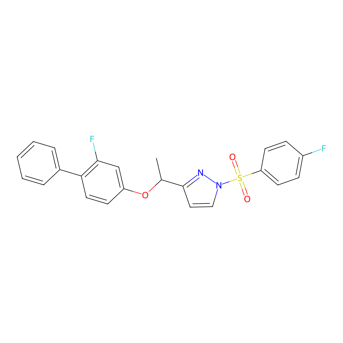 3-{1-[(2-fluoro[1,1'-biphenyl]-4-yl)oxy]ethyl}-1-[(4-fluorophenyl)sulfonyl]-1H-pyrazole molecular structure, CAS 477711-02-7