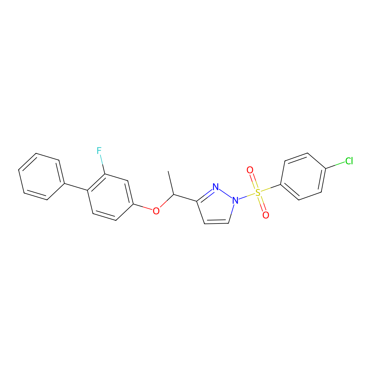 1-{1-[(4-chlorophenyl)sulfonyl]-1H-pyrazol-3-yl}ethyl 2-fluoro[1,1'-biphenyl]-4-yl ether molecular structure, CAS 477711-04-9