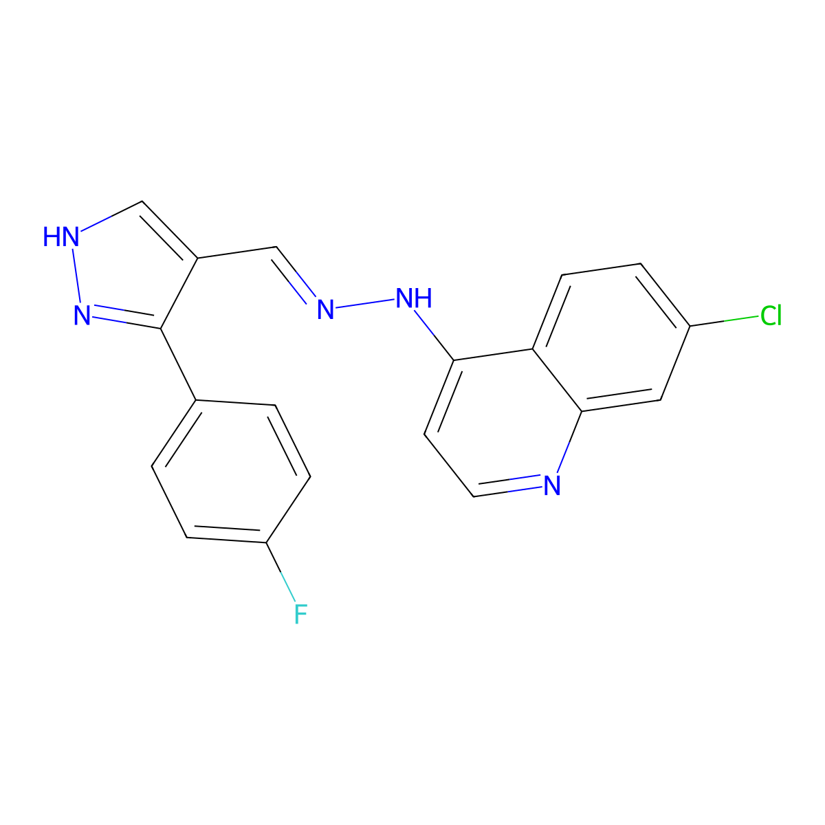 3-(4-fluorophenyl)-1H-pyrazole-4-carbaldehyde N-(7-chloro-4-quinolinyl)hydrazone molecular structure, CAS 477711-39-0