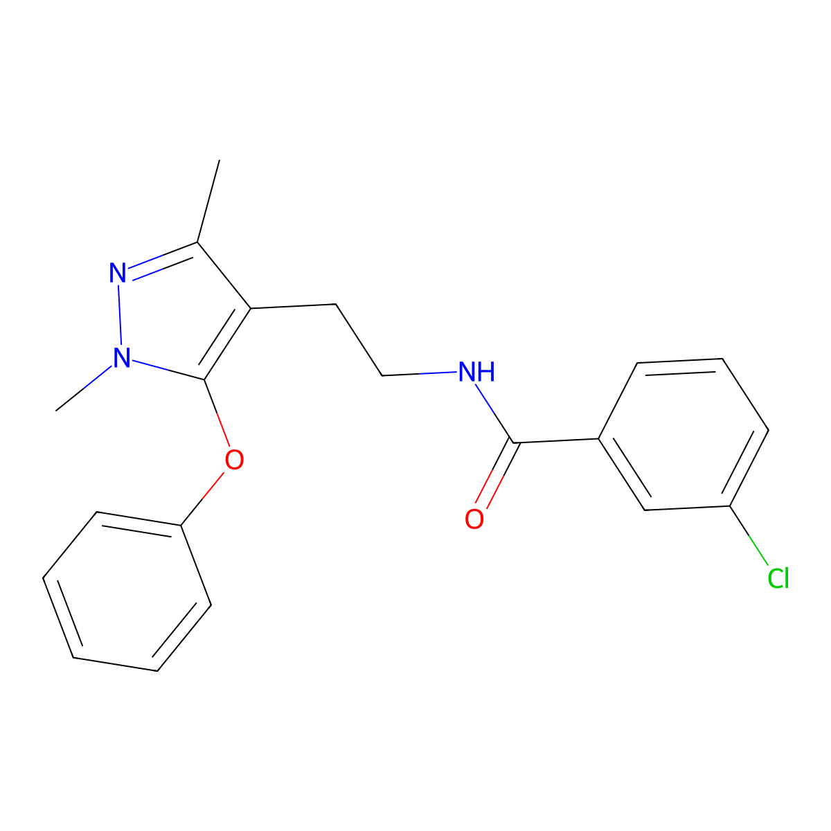 3-chloro-N-[2-(1,3-dimethyl-5-phenoxypyrazol-4-yl)ethyl]benzamide molecular structure, CAS 477711-49-2