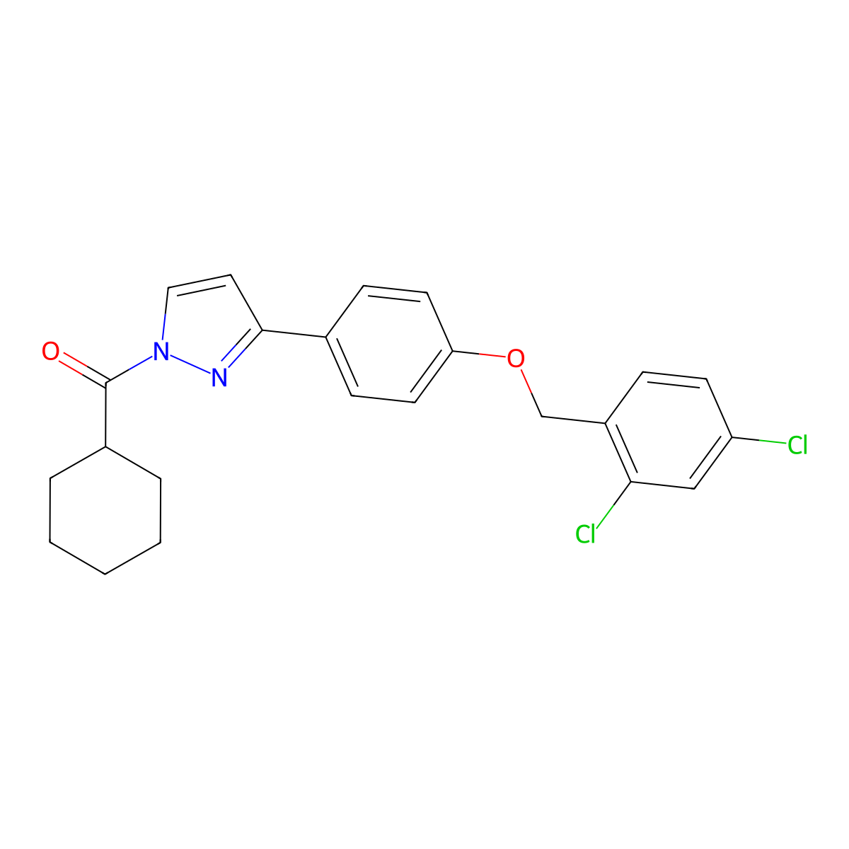 Cyclohexyl-[3-[4-[(2,4-dichlorophenyl)methoxy]phenyl]pyrazol-1-yl]methanone molecular structure, CAS 477711-55-0