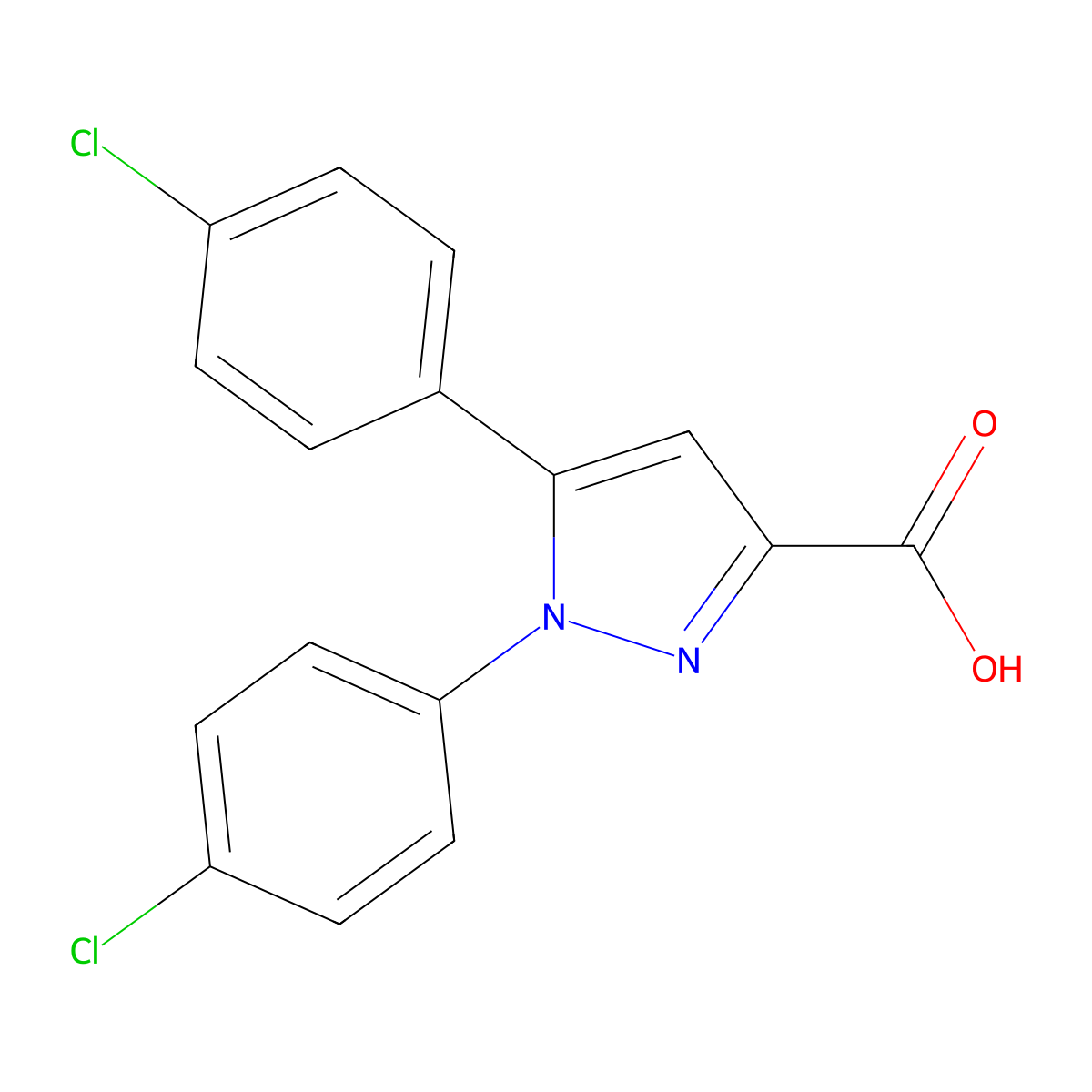 1,5-bis(4-chlorophenyl)-1H-pyrazole-3-carboxylic acid molecular structure, CAS 477712-01-9