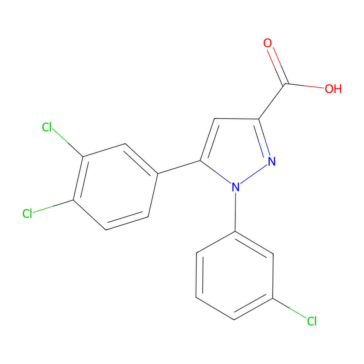 1-(3-chlorophenyl)-5-(3,4-dichlorophenyl)-1H-pyrazole-3-carboxylic acid molecular structure, CAS 477712-31-5