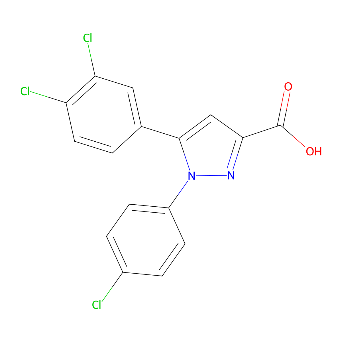 1-(4-chlorophenyl)-5-(3,4-dichlorophenyl)-1H-pyrazole-3-carboxylic acid molecular structure, CAS 477712-34-8