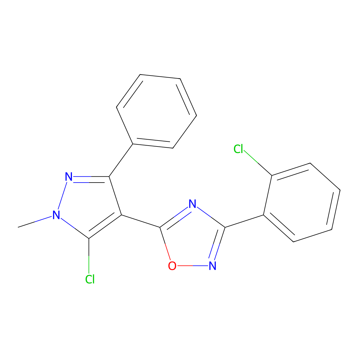 5-(5-chloro-1-methyl-3-phenyl-1H-pyrazol-4-yl)-3-(2-chlorophenyl)-1,2,4-oxadiazole molecular structure, CAS 477712-51-9