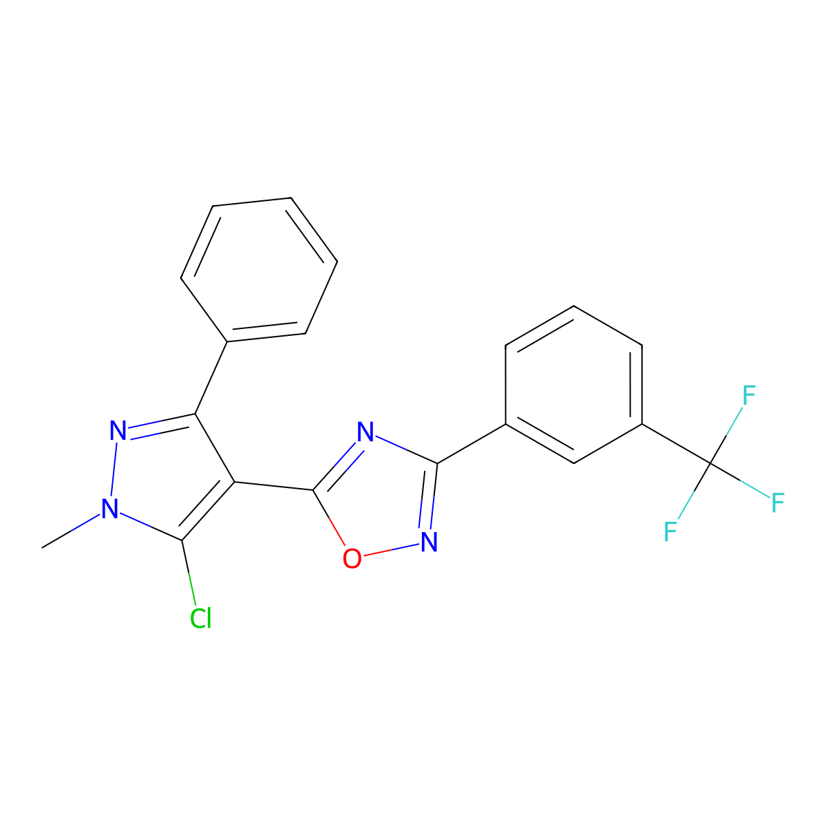 5-(5-chloro-1-methyl-3-phenyl-1H-pyrazol-4-yl)-3-[3-(trifluoromethyl)phenyl]-1,2,4-oxadiazole molecular structure, CAS 477712-52-0