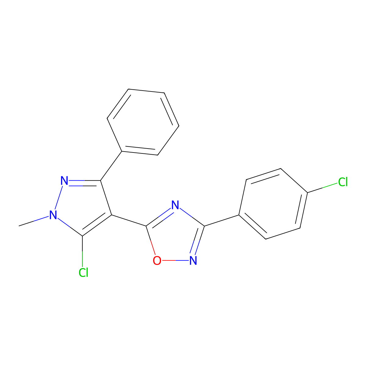 5-(5-chloro-1-methyl-3-phenyl-1H-pyrazol-4-yl)-3-(4-chlorophenyl)-1,2,4-oxadiazole molecular structure, CAS 477712-54-2